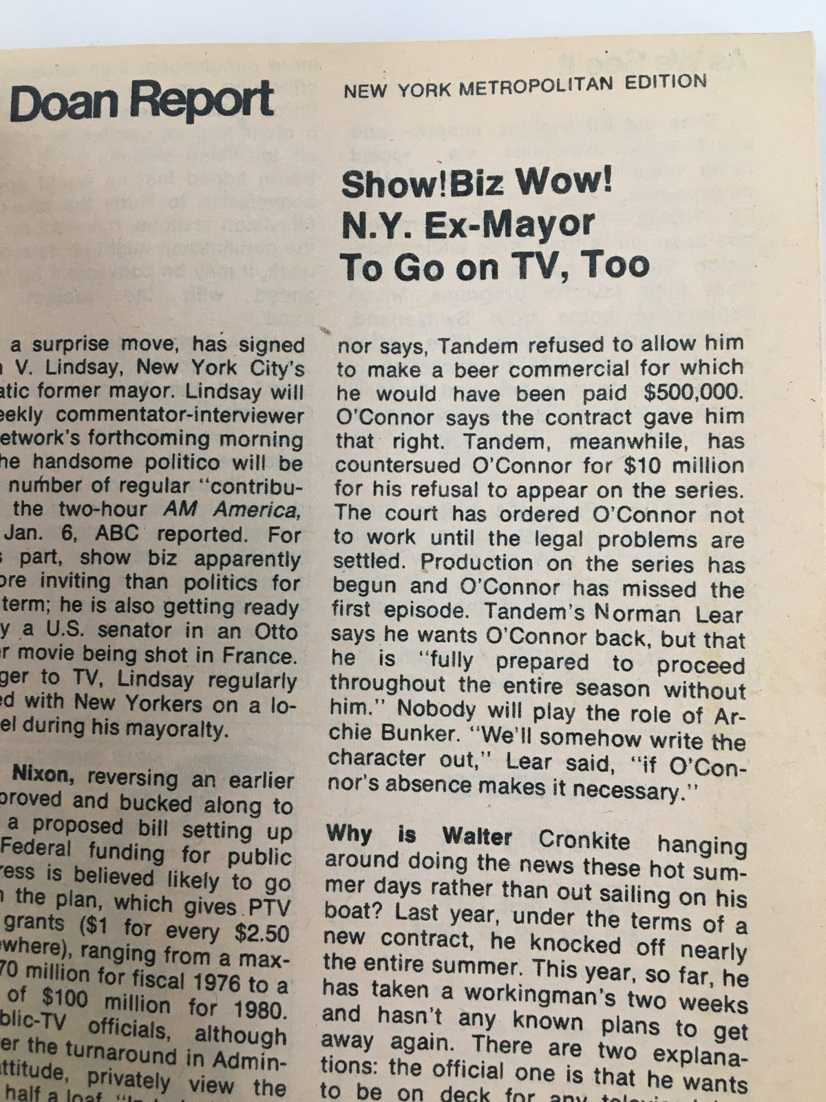 Close-up of the 'Doan Report' in TV Guide Magazine July 27 1974, featuring news snippets and highlights related to television.