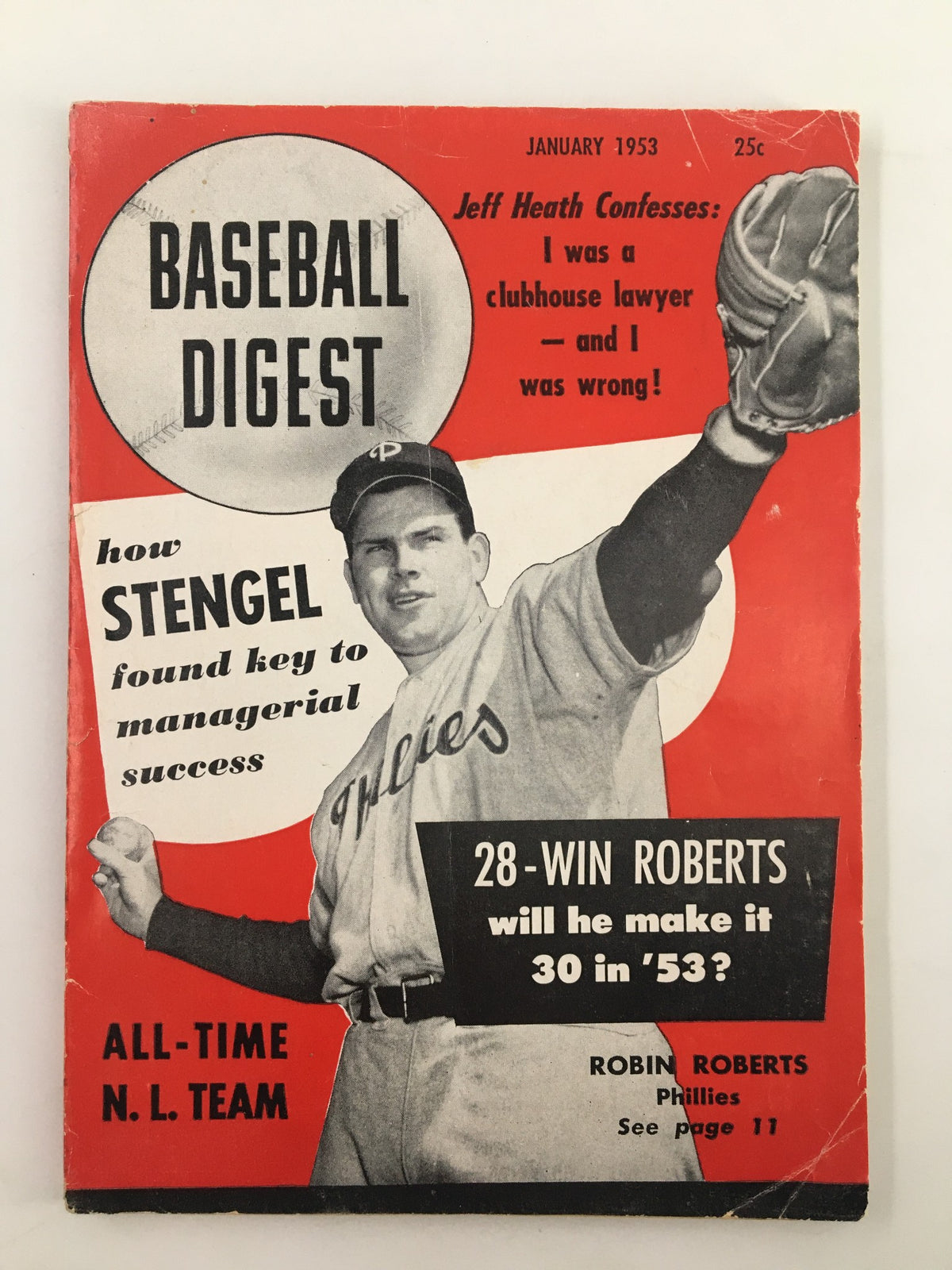 VTG Baseball Digest Magazine January 1953 featuring Robin Roberts on the cover, showcasing his Phillies jersey and a bold headline about his 28 wins.