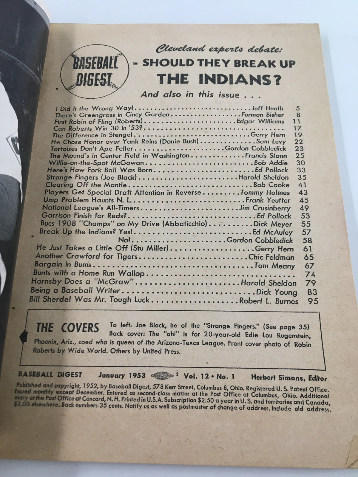 Interior page of the January 1953 VTG Baseball Digest Magazine displaying the table of contents, indicating various baseball articles and features, including Robin Roberts.