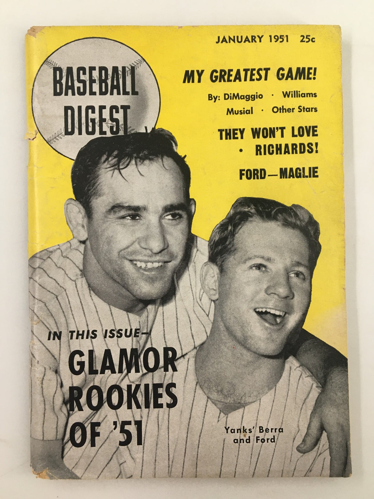 VTG Baseball Digest Magazine January 1951 featuring Yogi Berra and Whitey Ford on the cover, showcasing the iconic baseball legends.