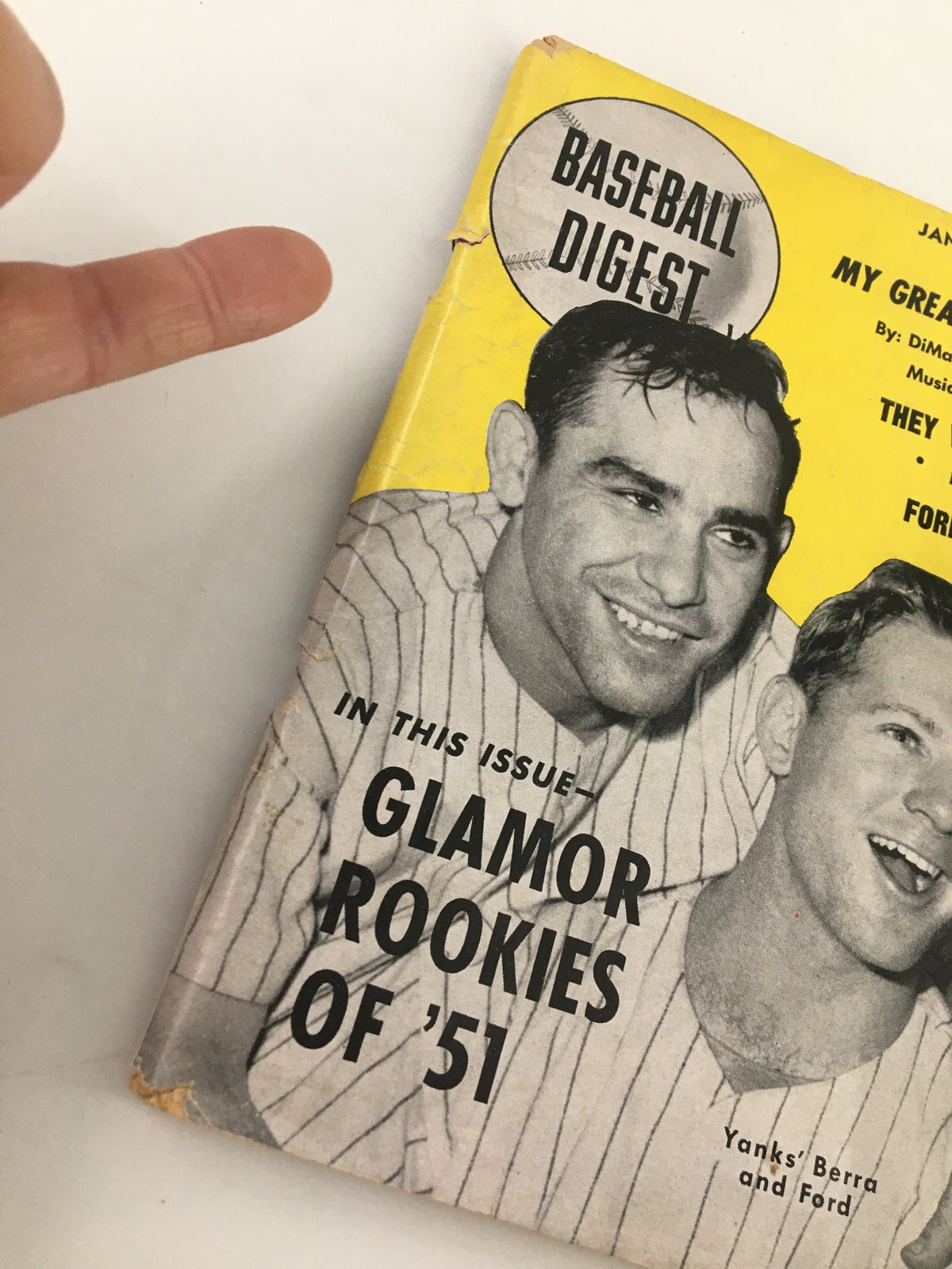 Close-up of the cover of VTG Baseball Digest Magazine January 1951 highlighting Yogi Berra and Whitey Ford, with the title and issue details visible.