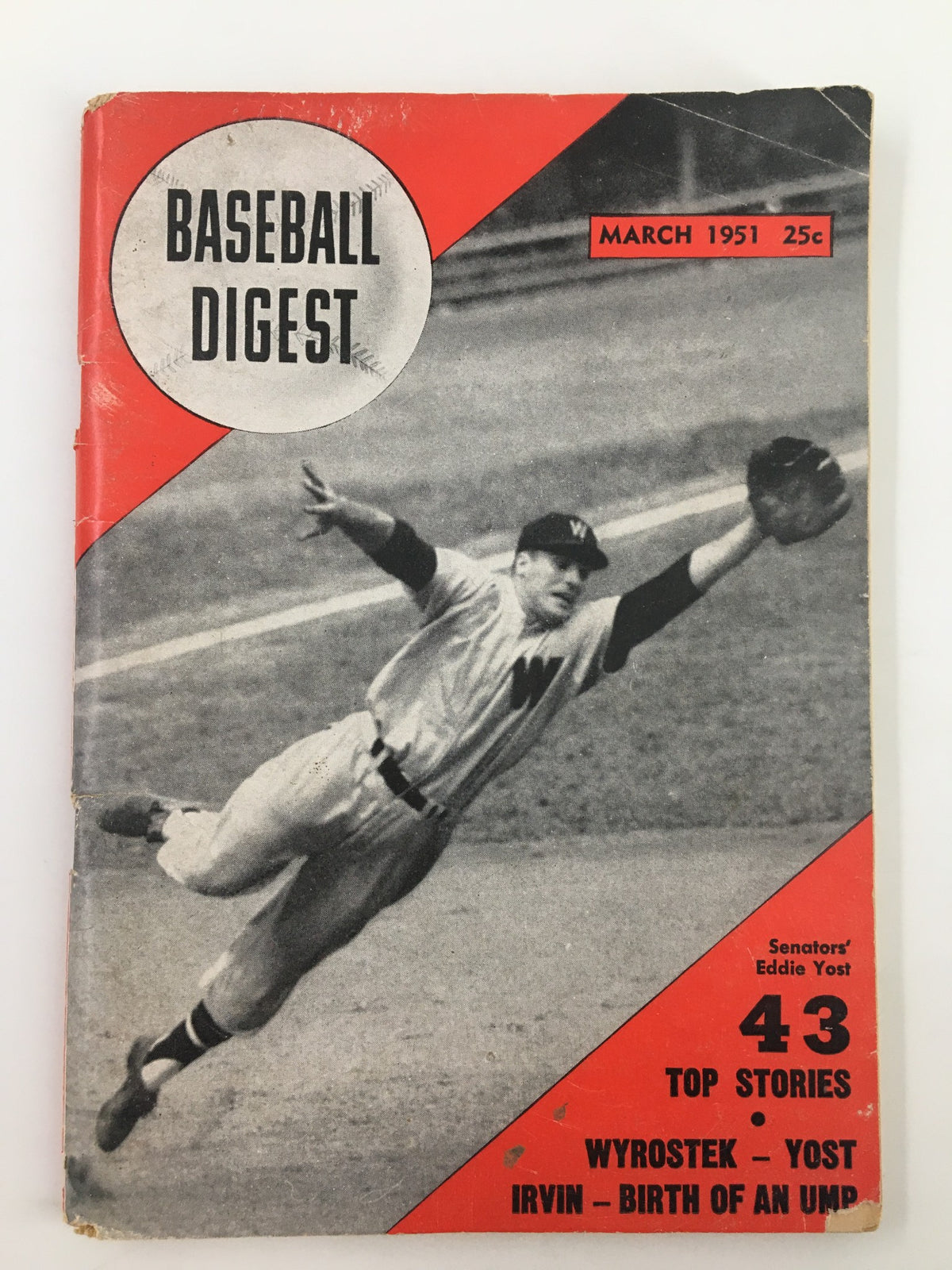 Vintage Baseball Digest magazine from March 1951 featuring the Washington Senators' Eddie Yost on the cover, highlighting baseball culture and history.