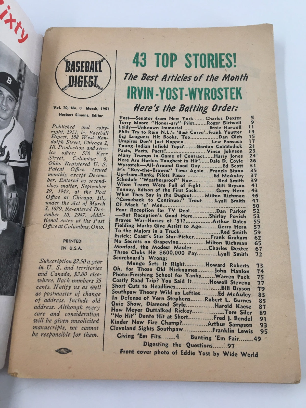 Inside page of VTG Baseball Digest Magazine from March 1951, highlighting the Table of Contents with notable stories including Irvin-Yost-Wyrostek.