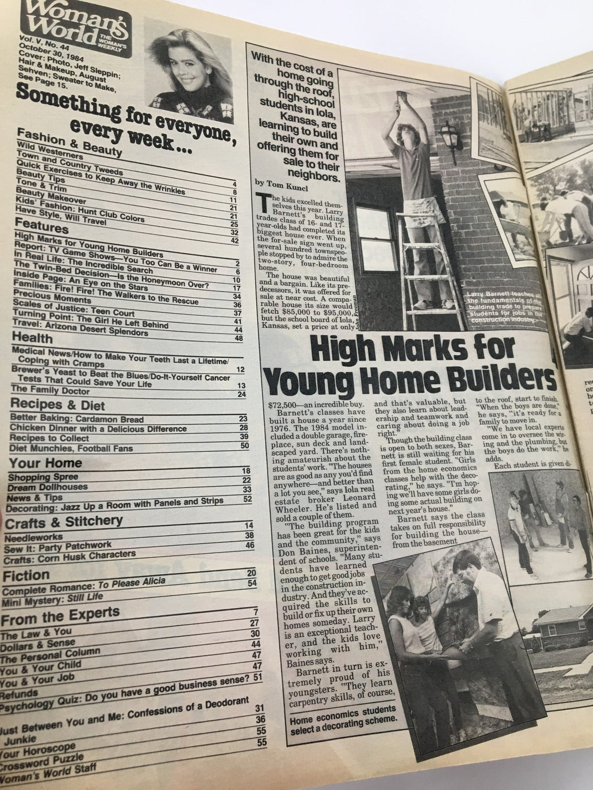 Inside page of Woman's World Magazine October 30 1984 highlighting various articles, including 'High Marks for Young Home Builders'. The layout includes a table of contents and features related to fashion, diet, and home economics.