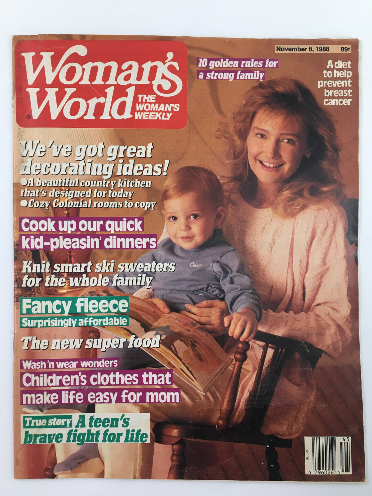 Cover of Woman's World Magazine from November 8, 1988, featuring the title 'Golden Rules for Strong Family'. The cover includes headlines about decorating ideas, recipes, and tips for children's clothing, alongside a smiling mother holding her child.