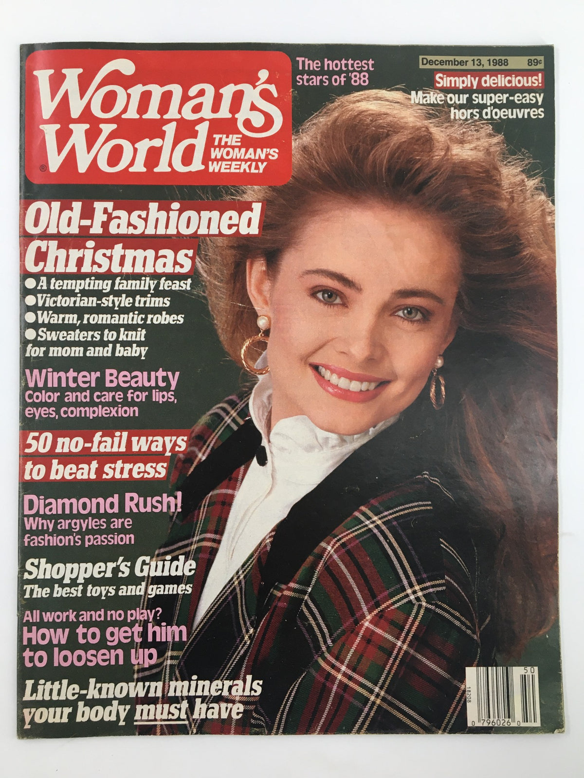 Vintage Woman's World Magazine from December 13, 1988, showcasing the hottest stars of '88 on the cover. The magazine features a smiling woman wearing a plaid jacket, with articles highlighting old-fashioned Christmas ideas, beauty tips, stress relief methods, and a shopper's guide.