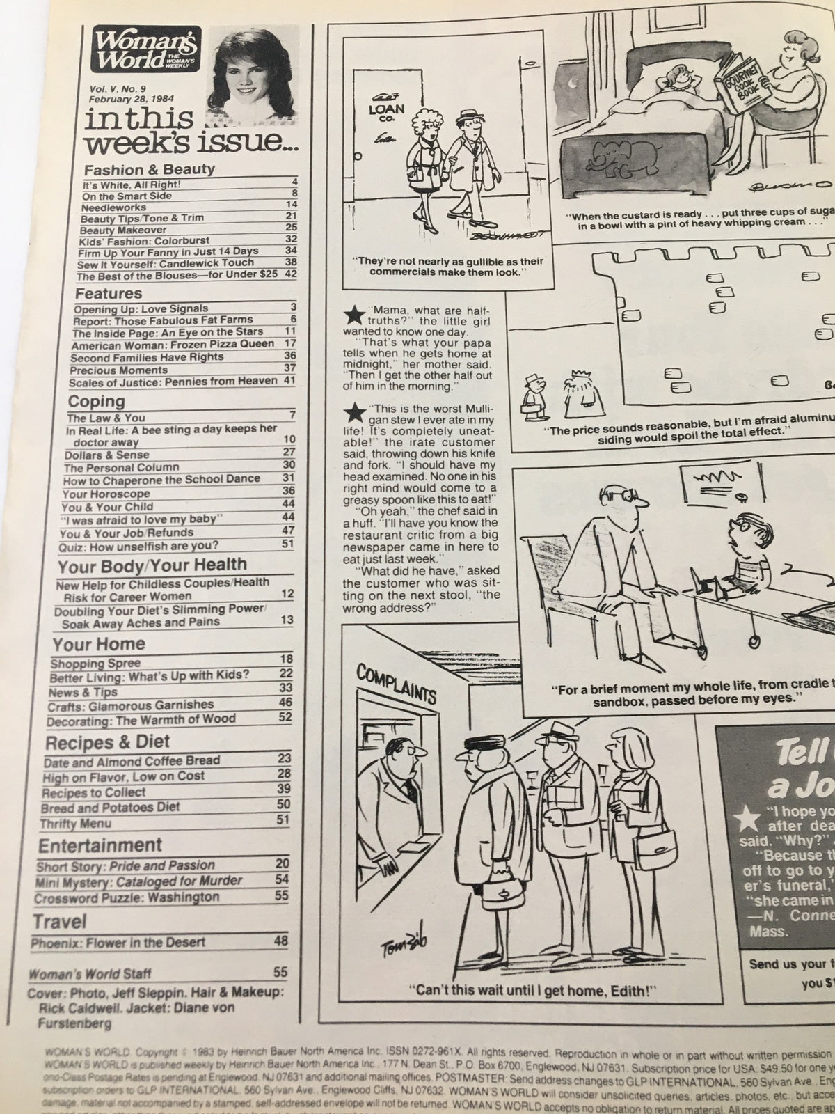 Inside layout of Woman's World Magazine February 28 1984 displaying the table of contents, featuring segments on fashion, recipes, health advice, and entertainment.