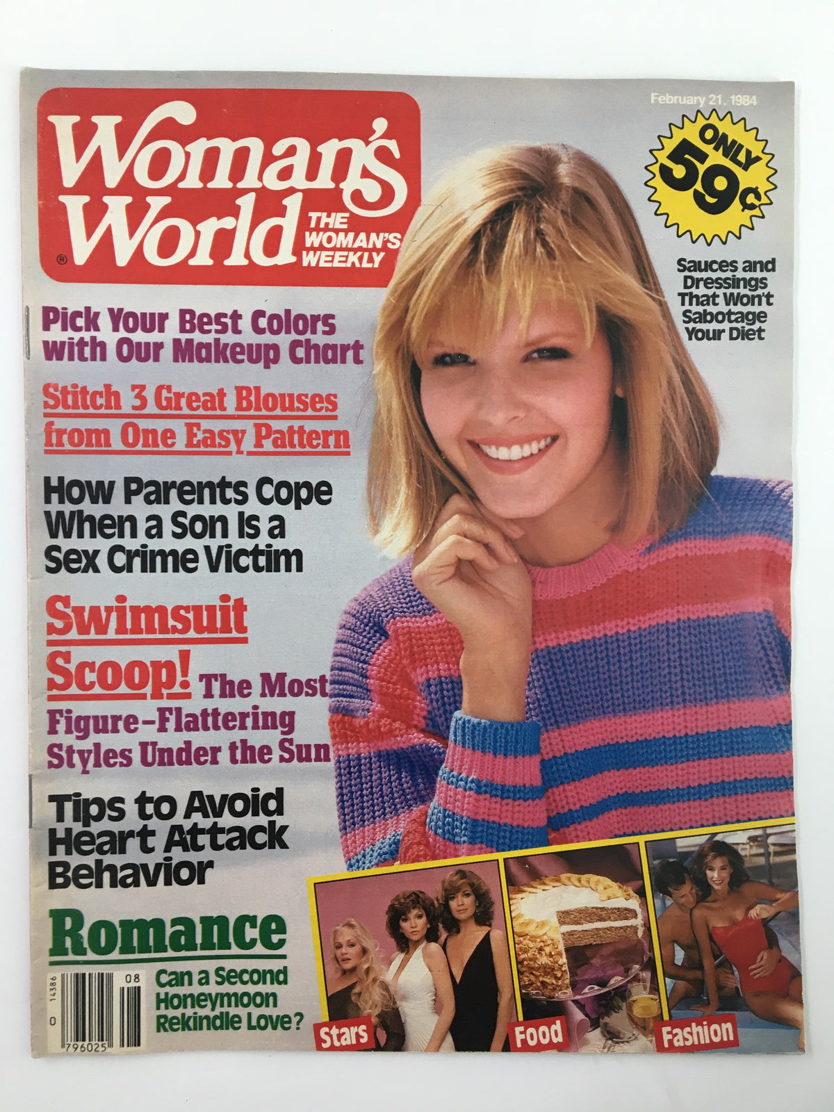 Cover of Woman's World Magazine February 21 1984 featuring headlines such as 'Pick Your Best Colors with Our Makeup Chart' and 'Can a Second Honeymoon Rekindle Love?'; includes a photo of a smiling woman wearing a colorful sweater.