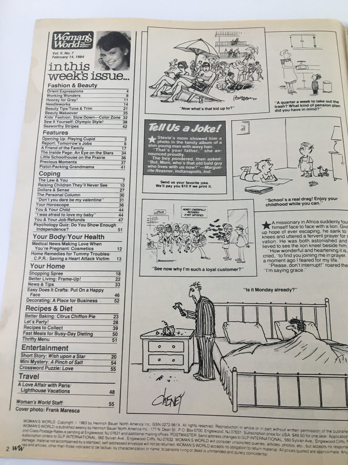 Interior page of Woman's World Magazine February 14 1984 detailing the contents with sections on fashion, health, and entertainment, featuring a humorous cartoon and various article listings.