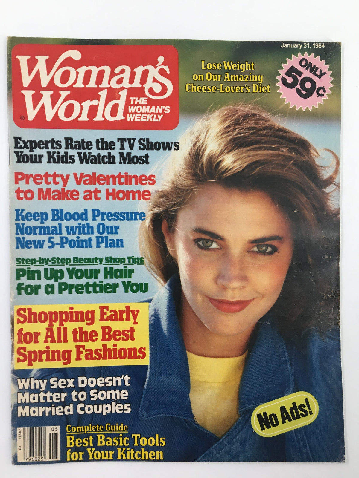 Cover of Woman's World Magazine January 31 1984 featuring tips on keeping blood pressure normal, fashion advice for spring, and a photo of a smiling woman with stylish hair. No label.