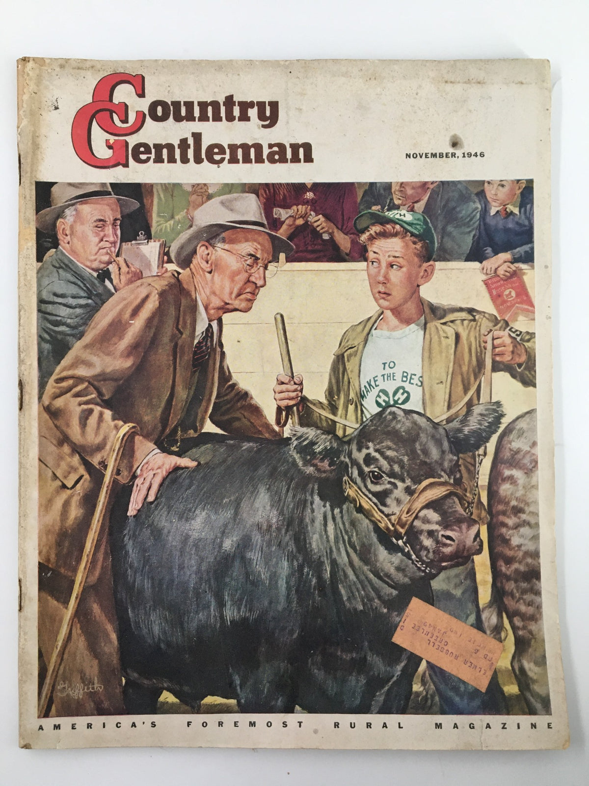 Cover of the VTG Country Gentleman Magazine November 1946 featuring an illustration depicting rural life, including a young boy with a cow and men in hats, highlighting the theme of agriculture and community.
