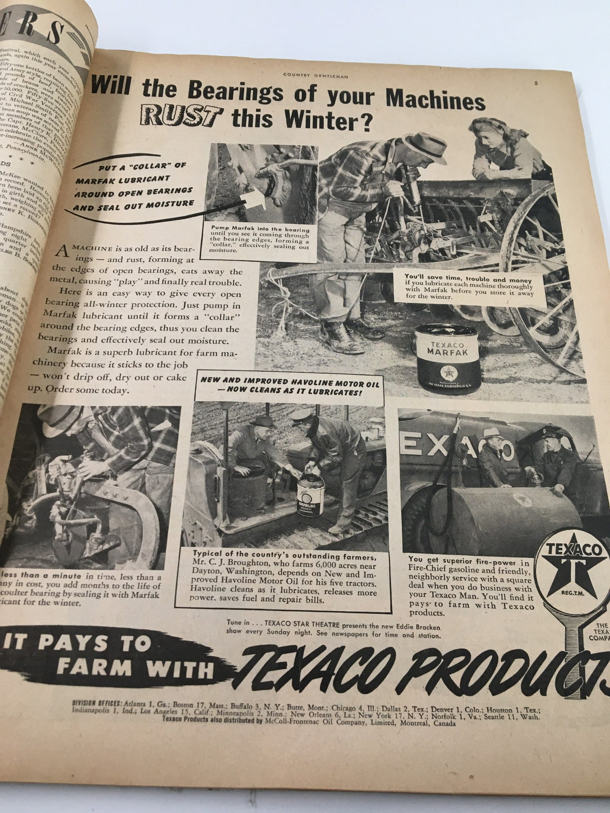 Inside page of VTG Country Gentleman Magazine November 1946 discussing how to prevent machine bearings from rusting in winter with Texaco Marfak lubricant.
