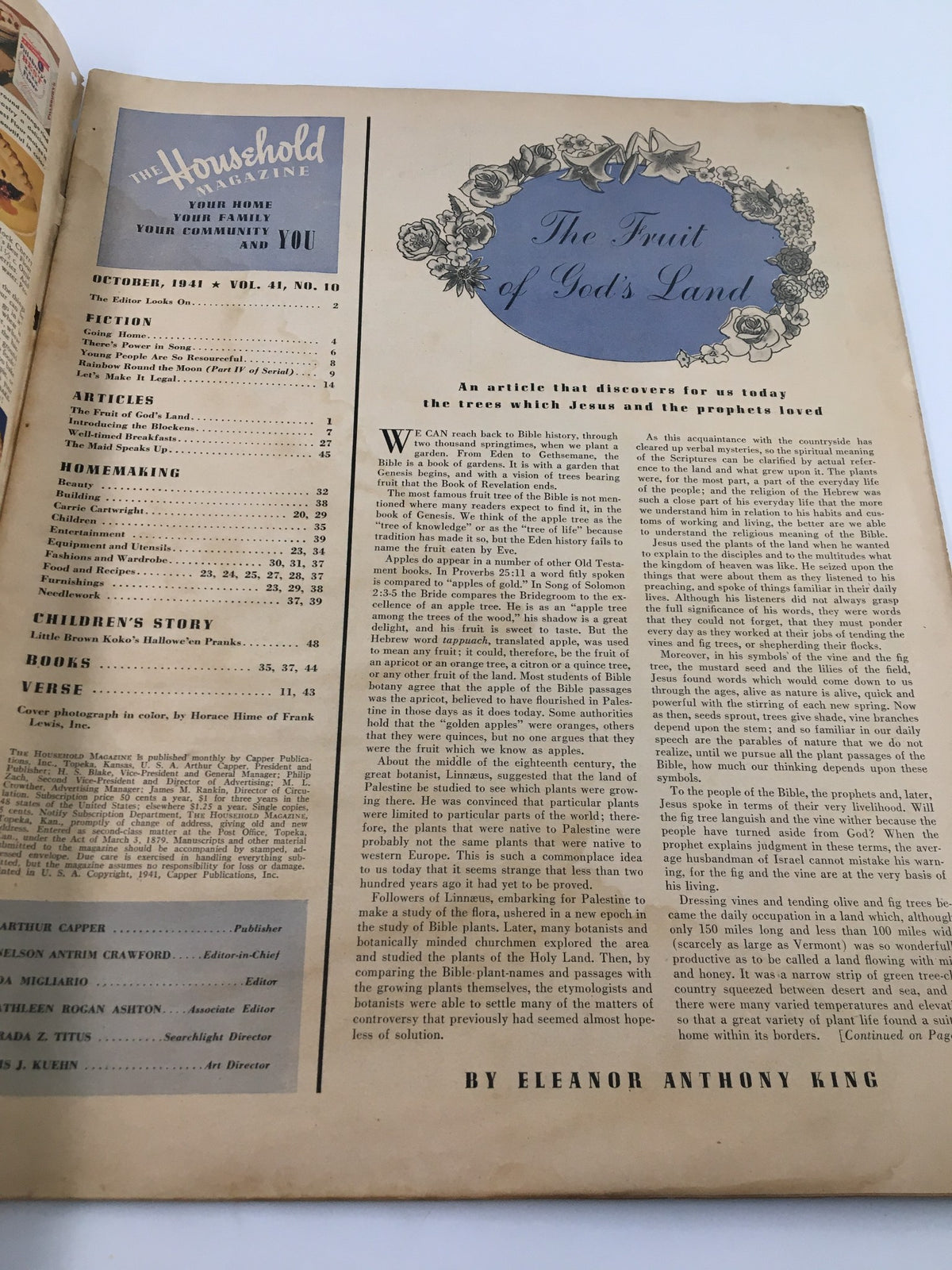Interior page of the vintage October 1941 issue of The Household Magazine, showcasing the article 'The Fruit of God's Land' and listing table of contents.