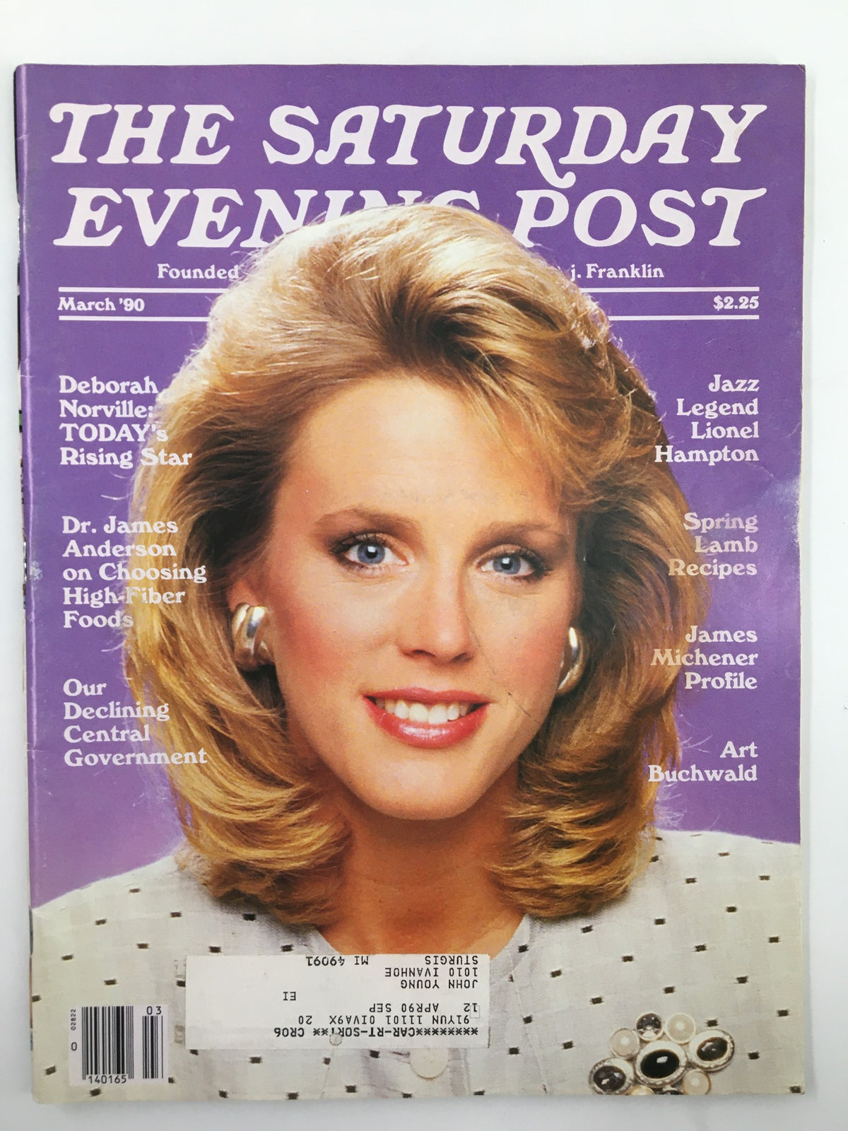 Cover of The Saturday Evening Post March 1990 featuring Deborah Norville and Art Buchwald, showcasing vibrant magazine design with highlights on cultural themes.