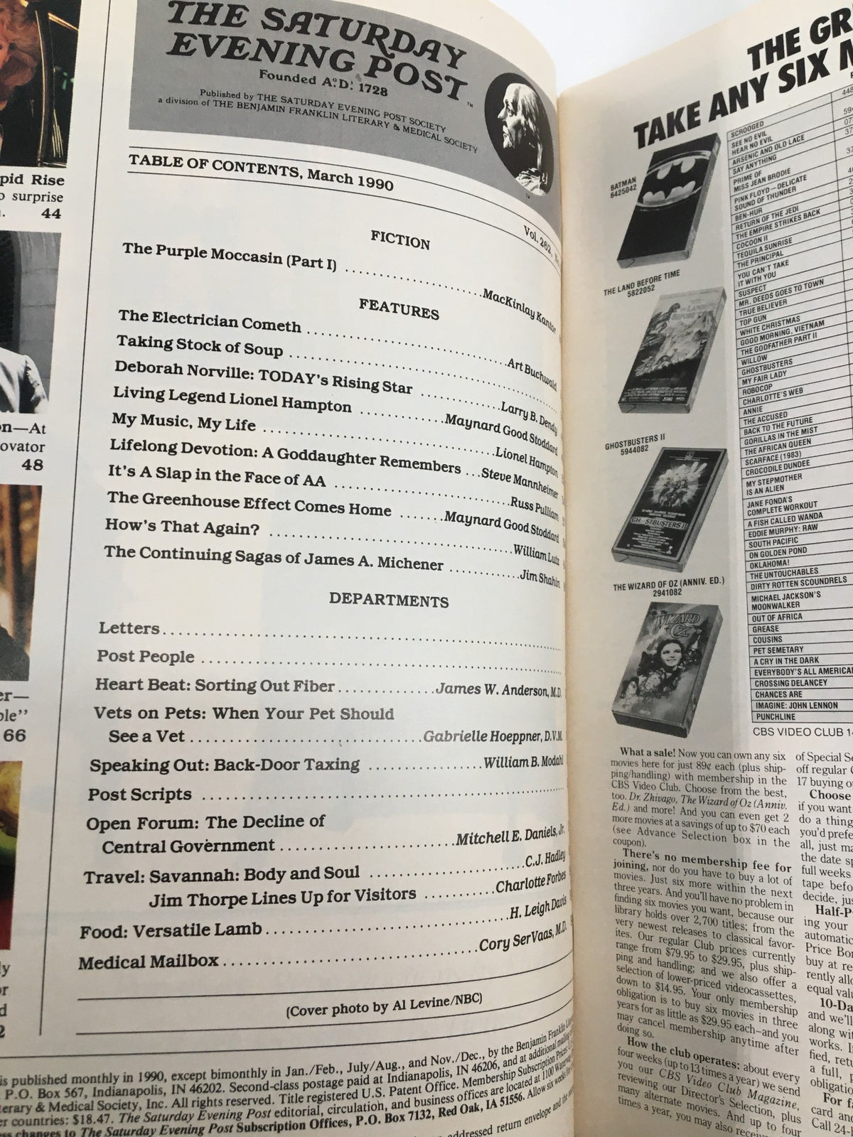 Table of contents from The Saturday Evening Post, March 1990, featuring articles and features including Deborah Norville and Art Buchwald, highlighting nostalgic cultural aspects of the late 20th century.