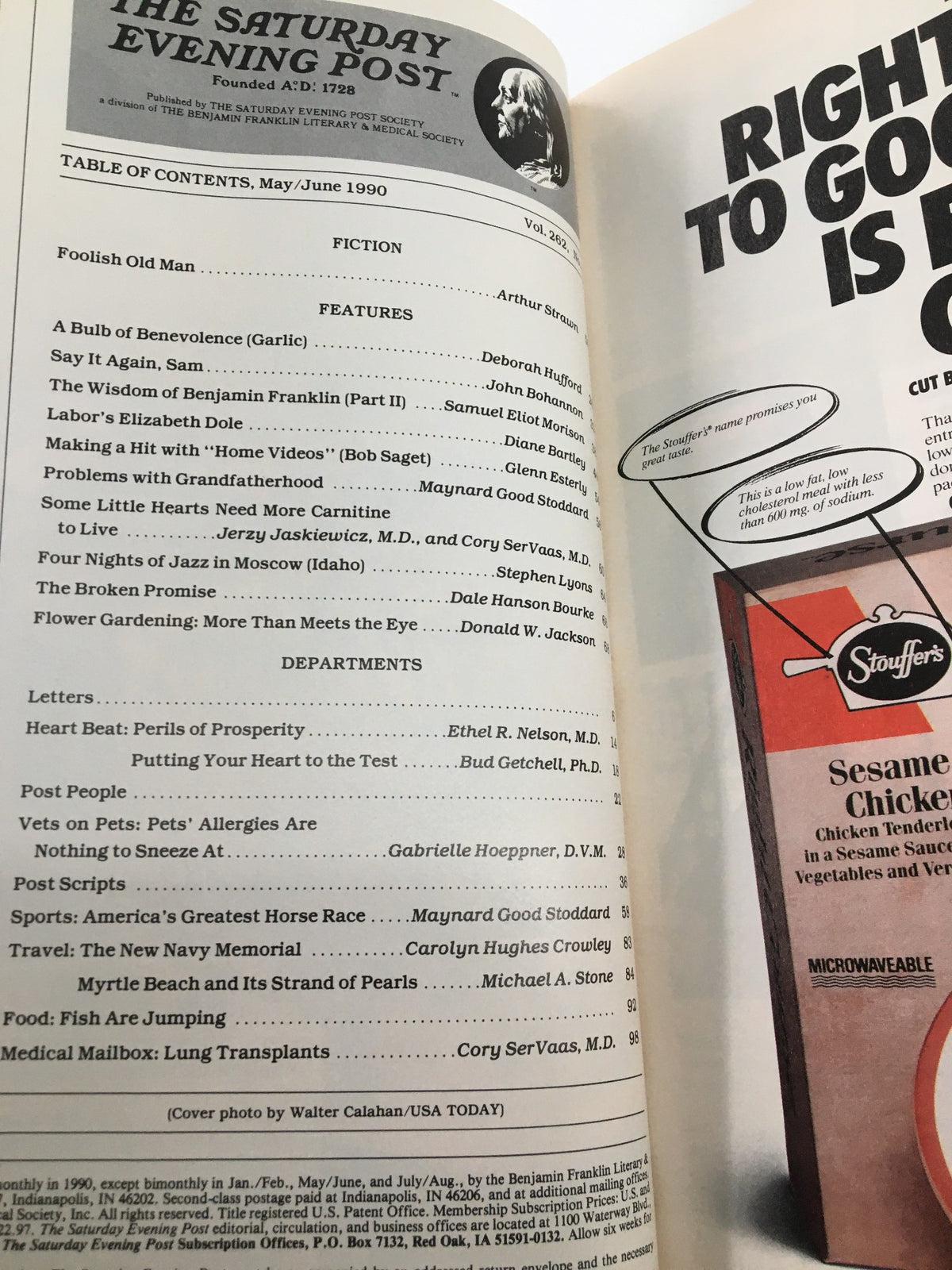 Table of contents from The Saturday Evening Post, May 1990 issue, featuring articles on Elizabeth Dole and jazz in Moscow, Idaho.