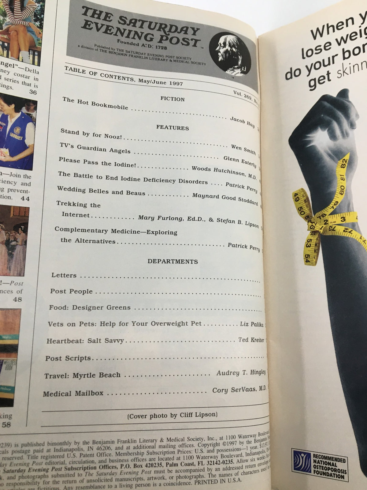 Table of contents from The Saturday Evening Post - May 1997 highlighting various articles including features on 'TV's Guardian Angels' and 'The Battle to End Iodine Deficiency Disorders', showcasing the magazine's diverse content.