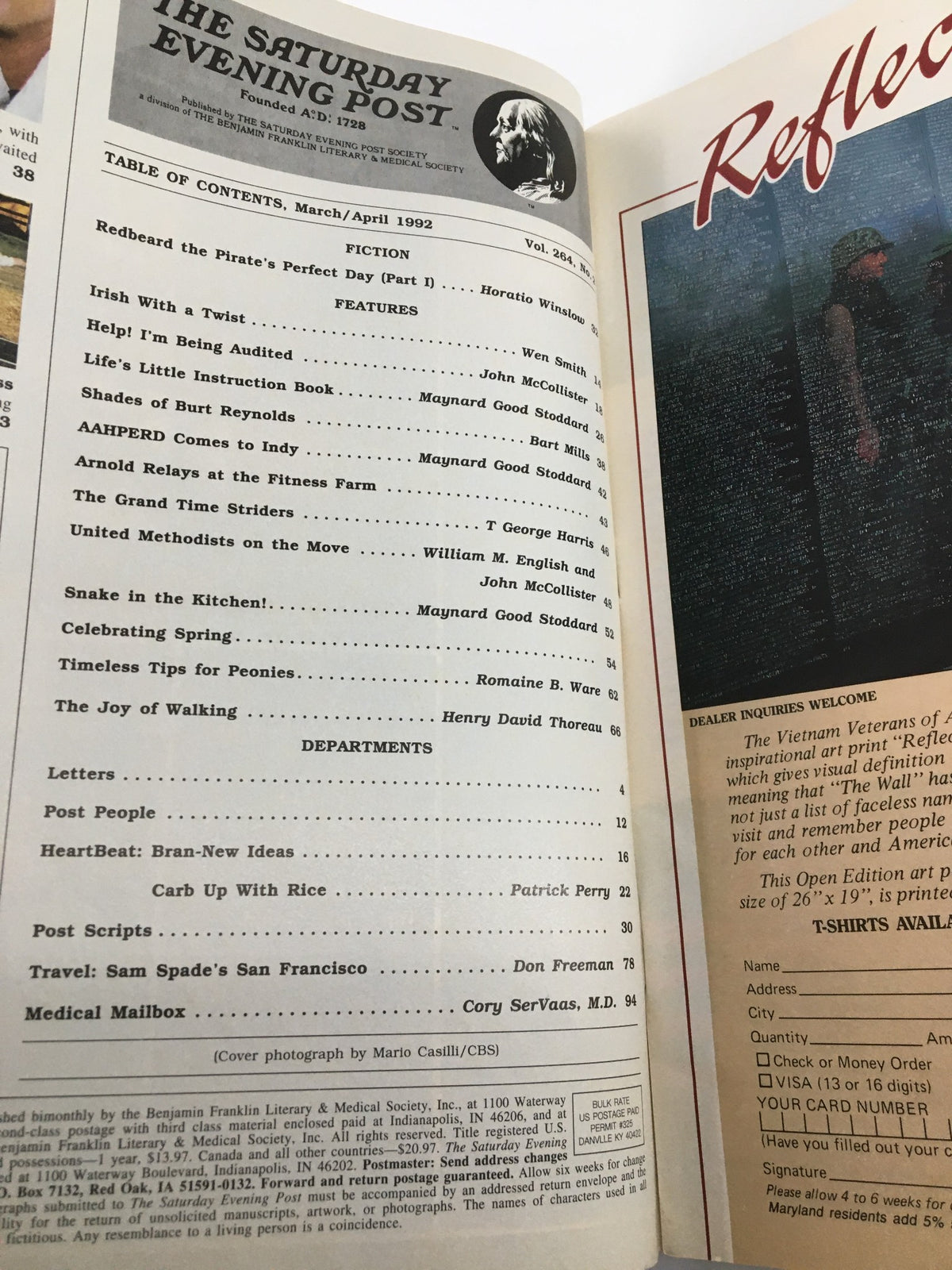 Table of Contents from The Saturday Evening Post, March 1992 edition, detailing featured articles including Burt Reynolds and Henry David Thoreau.