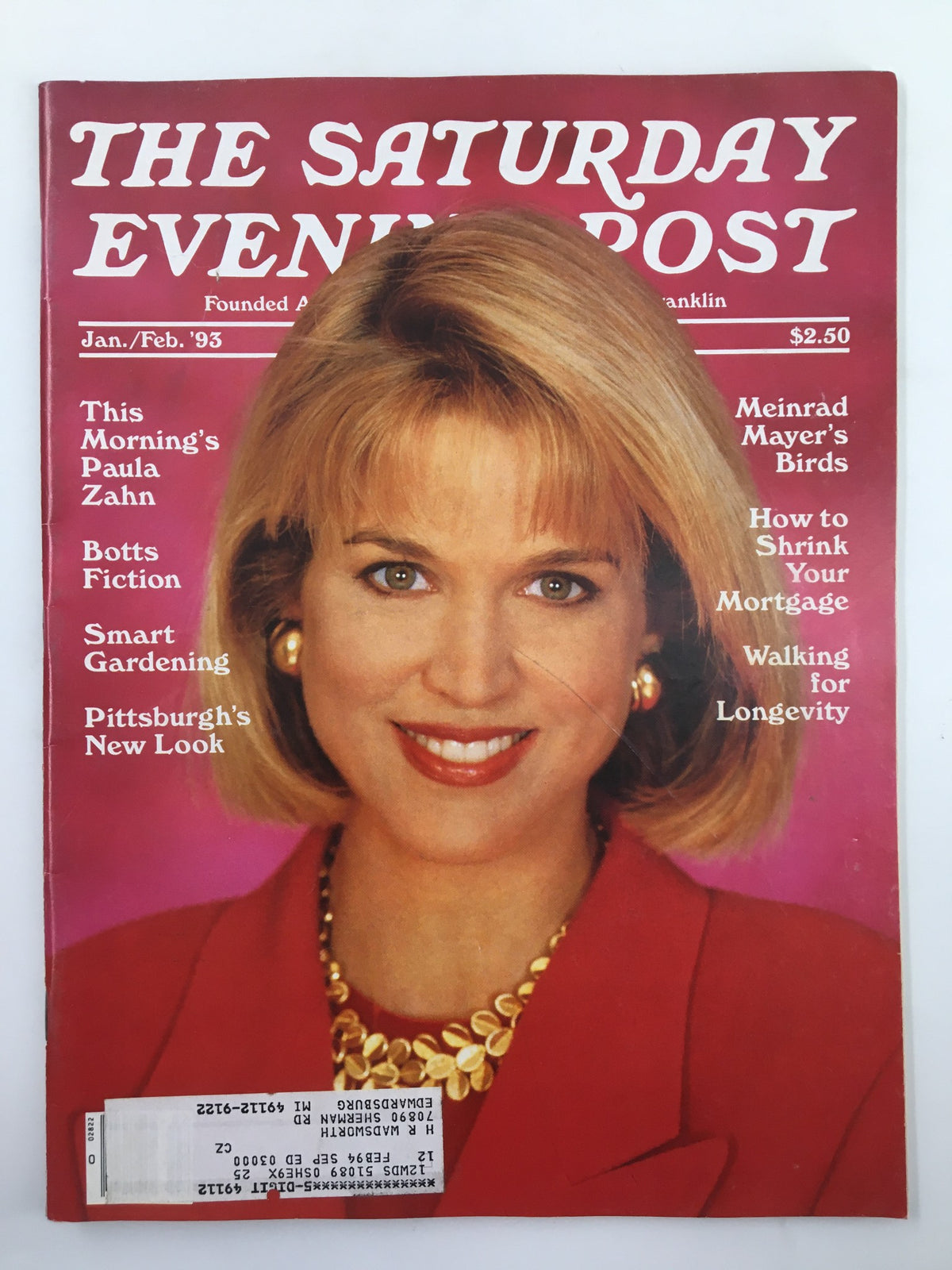 Cover of The Saturday Evening Post January 1993 featuring Paula Zahn with an engaging portrait and headline topics including Meinrad Meyer's Birds.