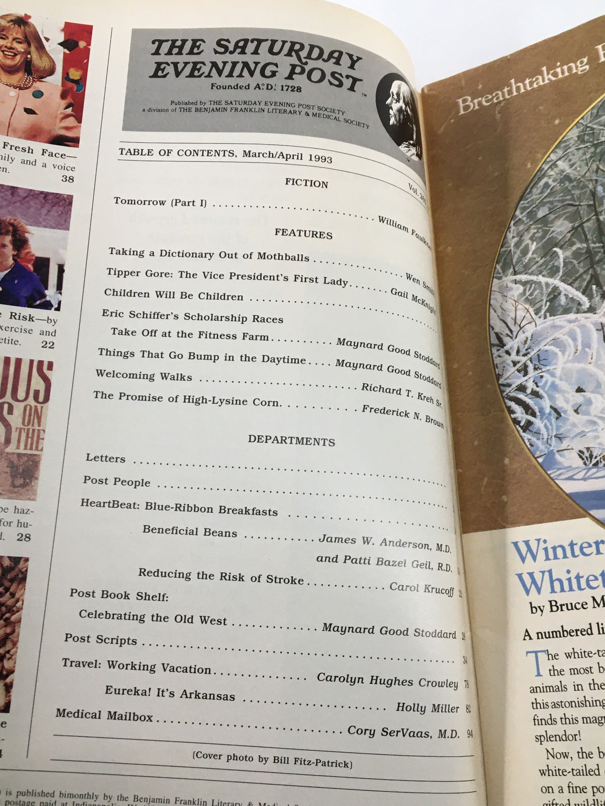Table of contents from The Saturday Evening Post March 1993 showcasing featured articles and topics relevant to 1990s culture.