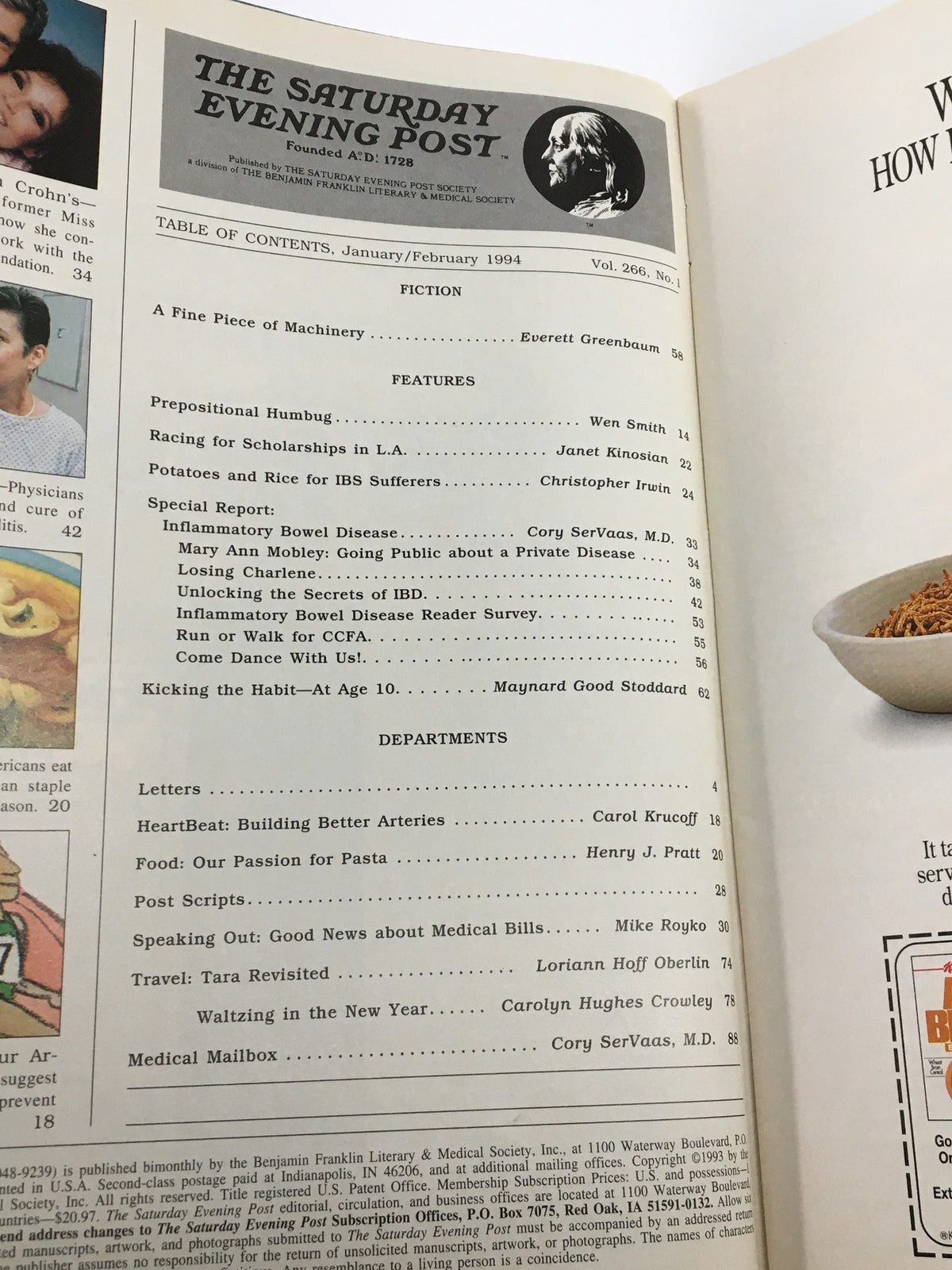 Table of Contents of The Saturday Evening Post, January/February 1994, showcasing features and articles related to health and society.