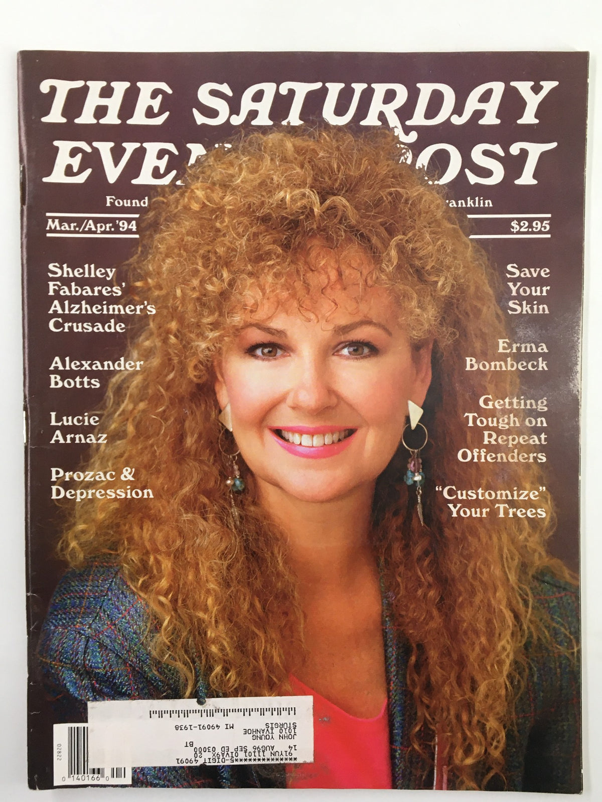 Cover of The Saturday Evening Post, March 1994 issue featuring Shelley Fabares discussing Alzheimer's Crusade, along with other articles.