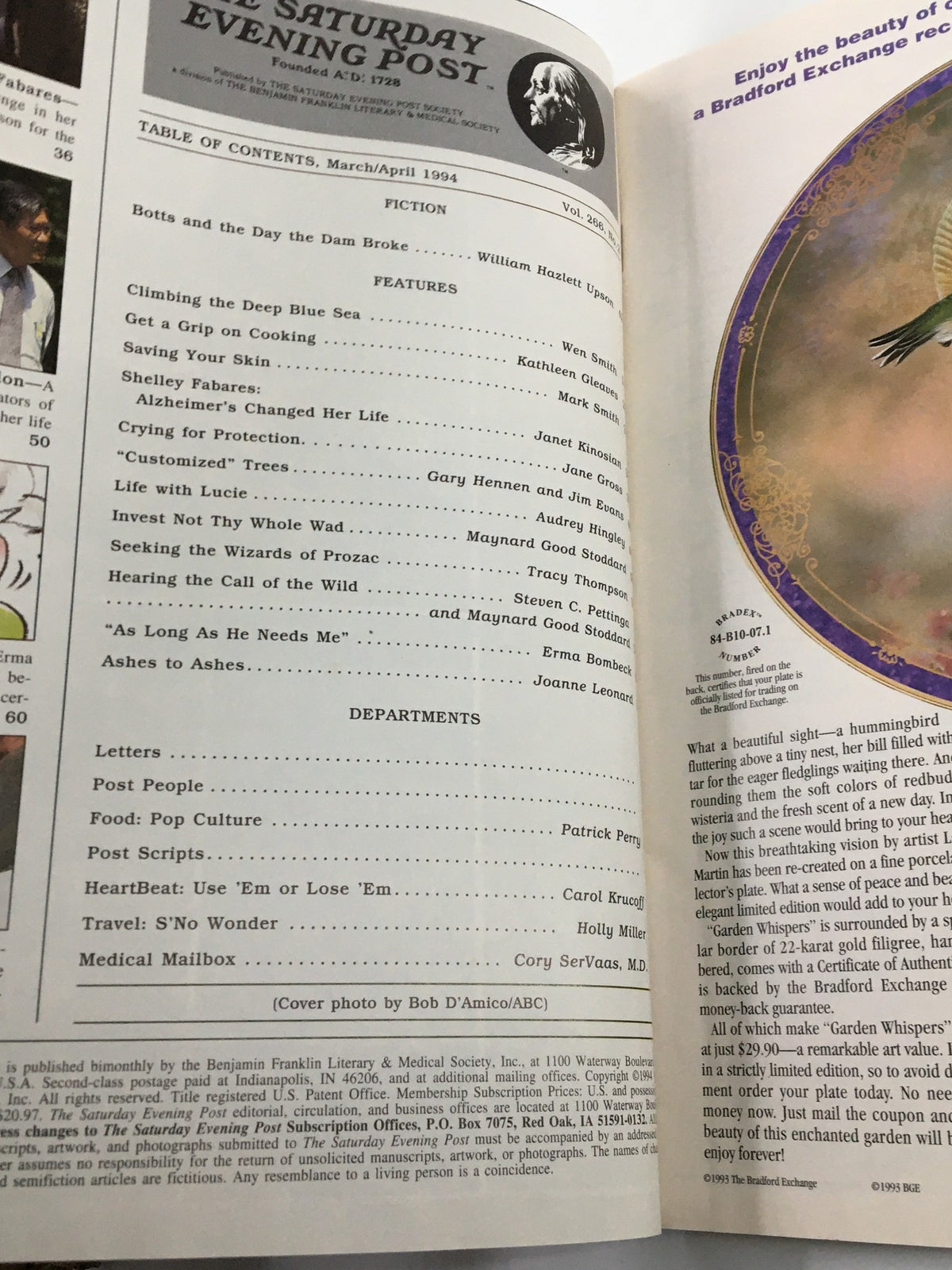 Table of contents from The Saturday Evening Post, March 1994, highlighting features including Shelley Fabares' Alzheimer's Changed Her Life.