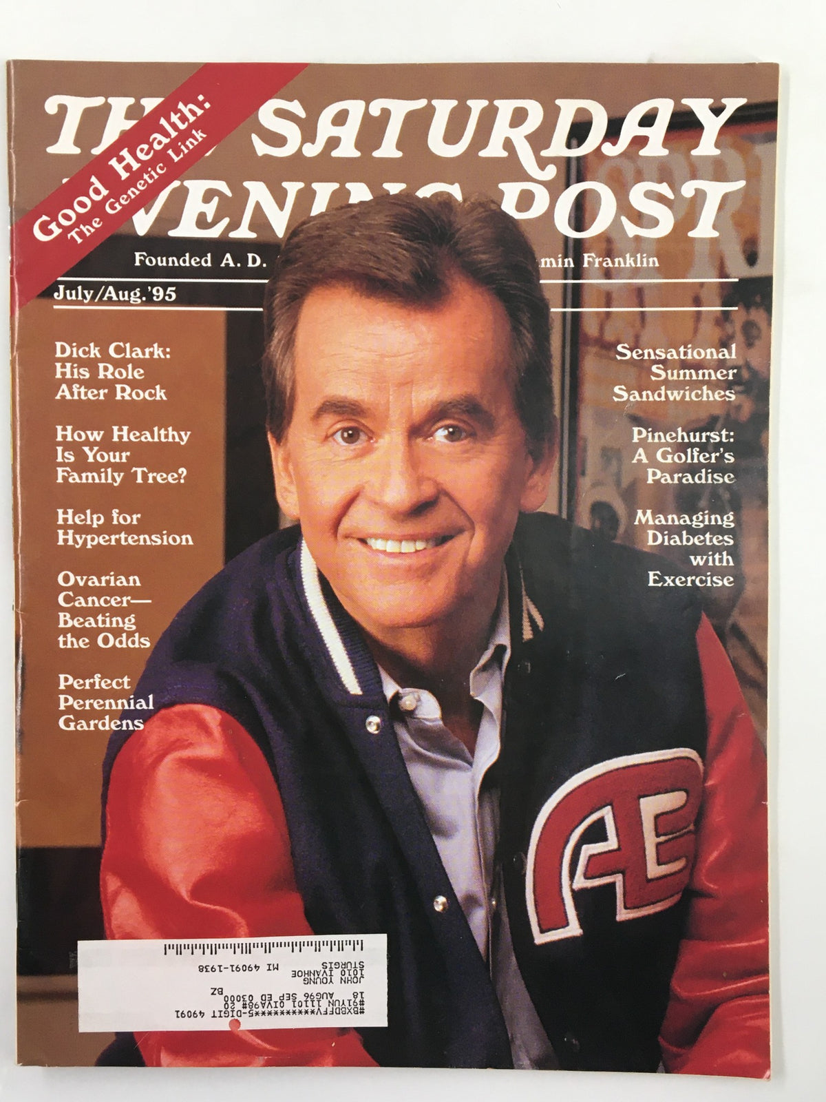 The Saturday Evening Post July 1995 issue featuring Dick Clark on the cover, emphasizing health topics, especially hypertension, with a nostalgic reflection on American pop culture.