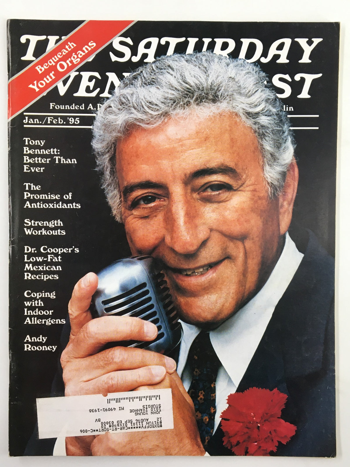 Cover of The Saturday Evening Post, January/February 1995 issue featuring Tony Bennett and Andy Rooney. The magazine highlights articles about health and culture with an image of Tony Bennett holding a vintage microphone.