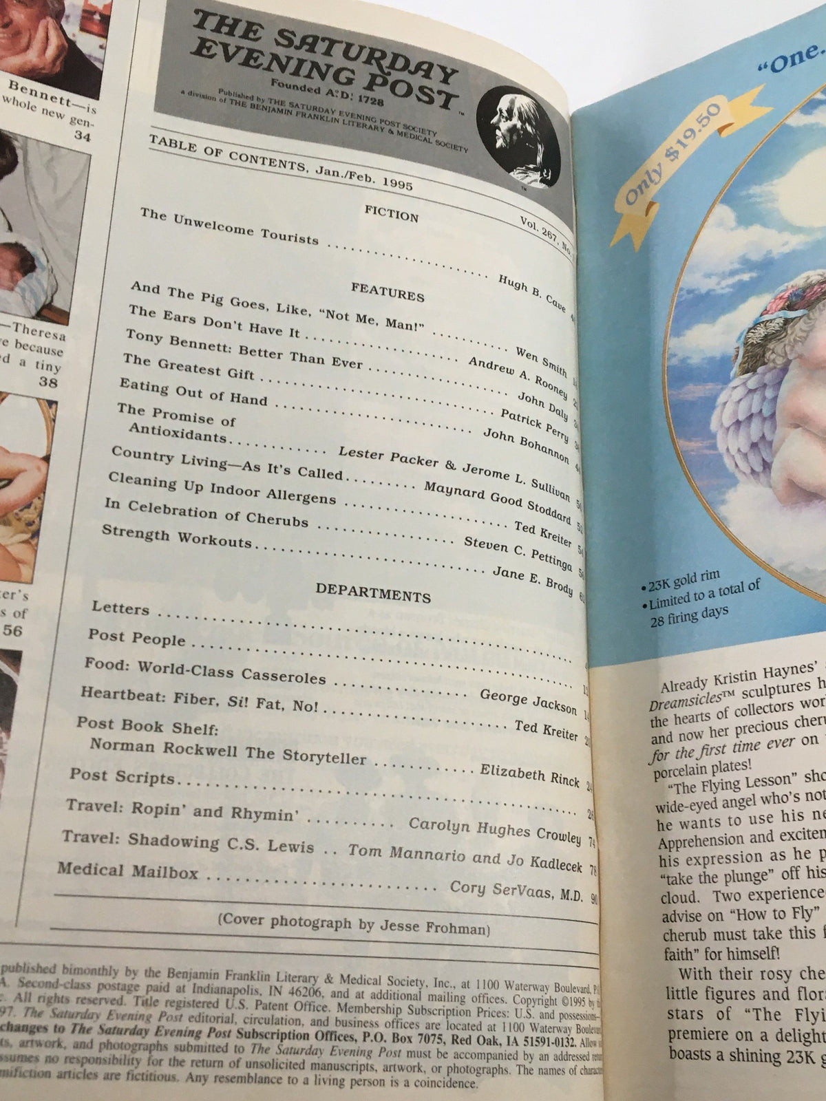 Table of contents from The Saturday Evening Post, January/February 1995. List of featured articles including Tony Bennett: Better Than Ever, along with various departments and topics covered in this vintage issue.