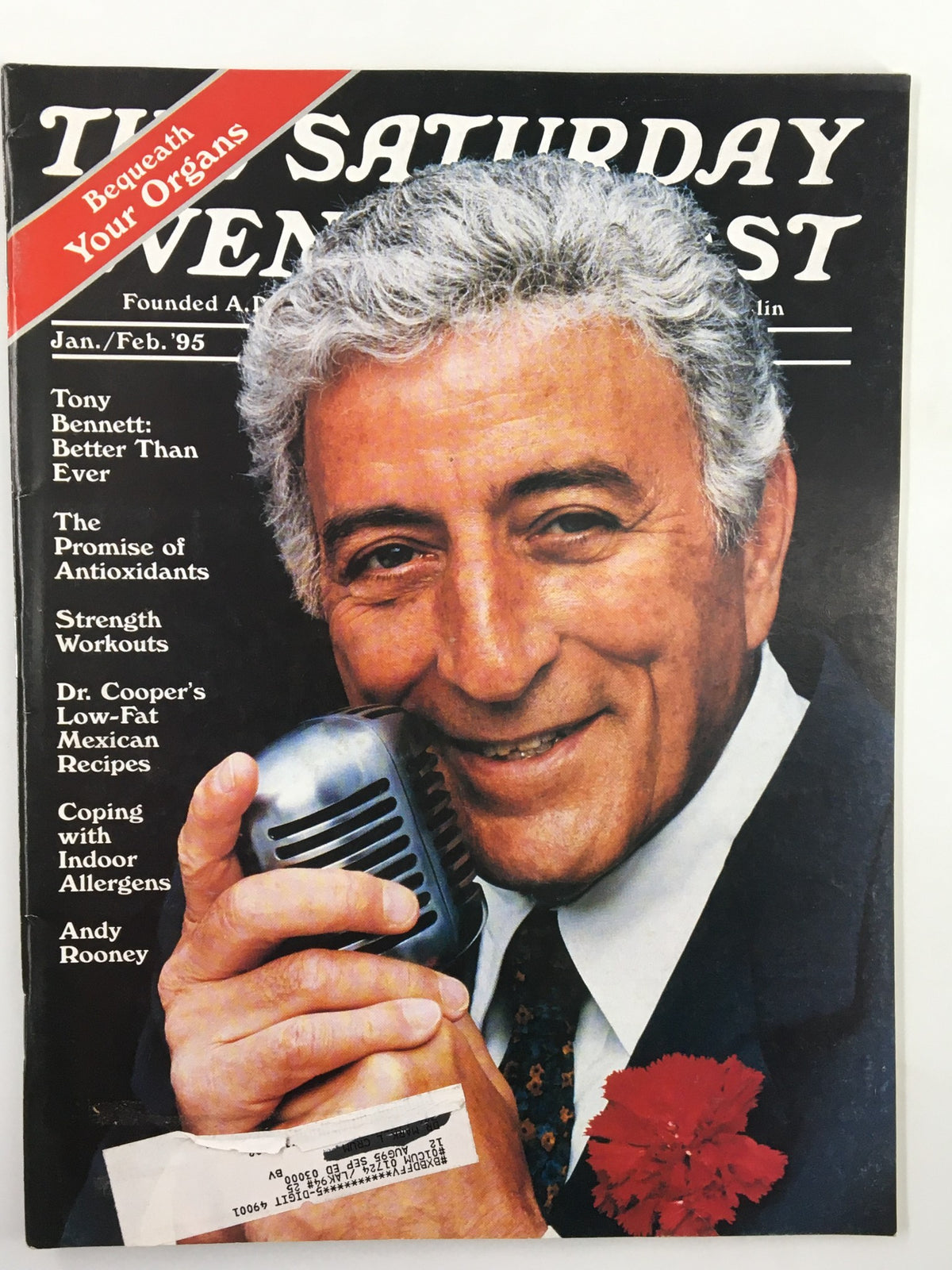 The Saturday Evening Post January 1995 cover featuring Tony Bennett, showcasing articles on strength workouts, antioxidants, and more. Iconic vintage magazine for collectors.