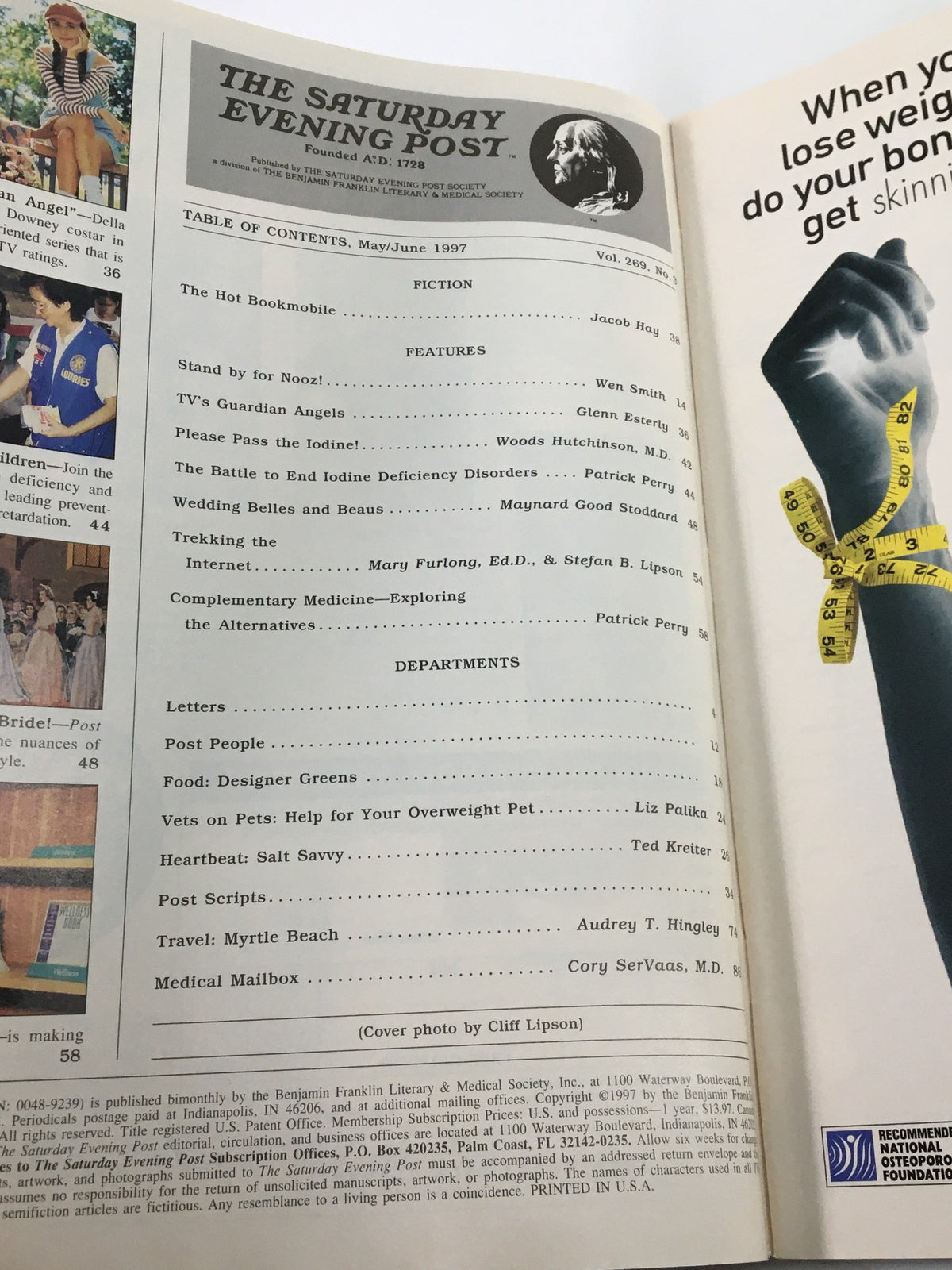 Table of contents page from The Saturday Evening Post May/June 1997, listing featured articles such as 'Complementary Medicine—Exploring the Alternatives' and 'The Battle to End Iodine Deficiency Disorders'.