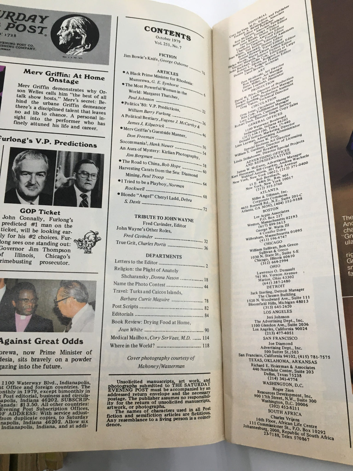 Interior view of The Saturday Evening Post October 1979, featuring the contents page showing articles including Merv Griffin's Guestside Manner, political commentary, and a tribute to John Wayne, capturing the cultural essence of the late 1970s.