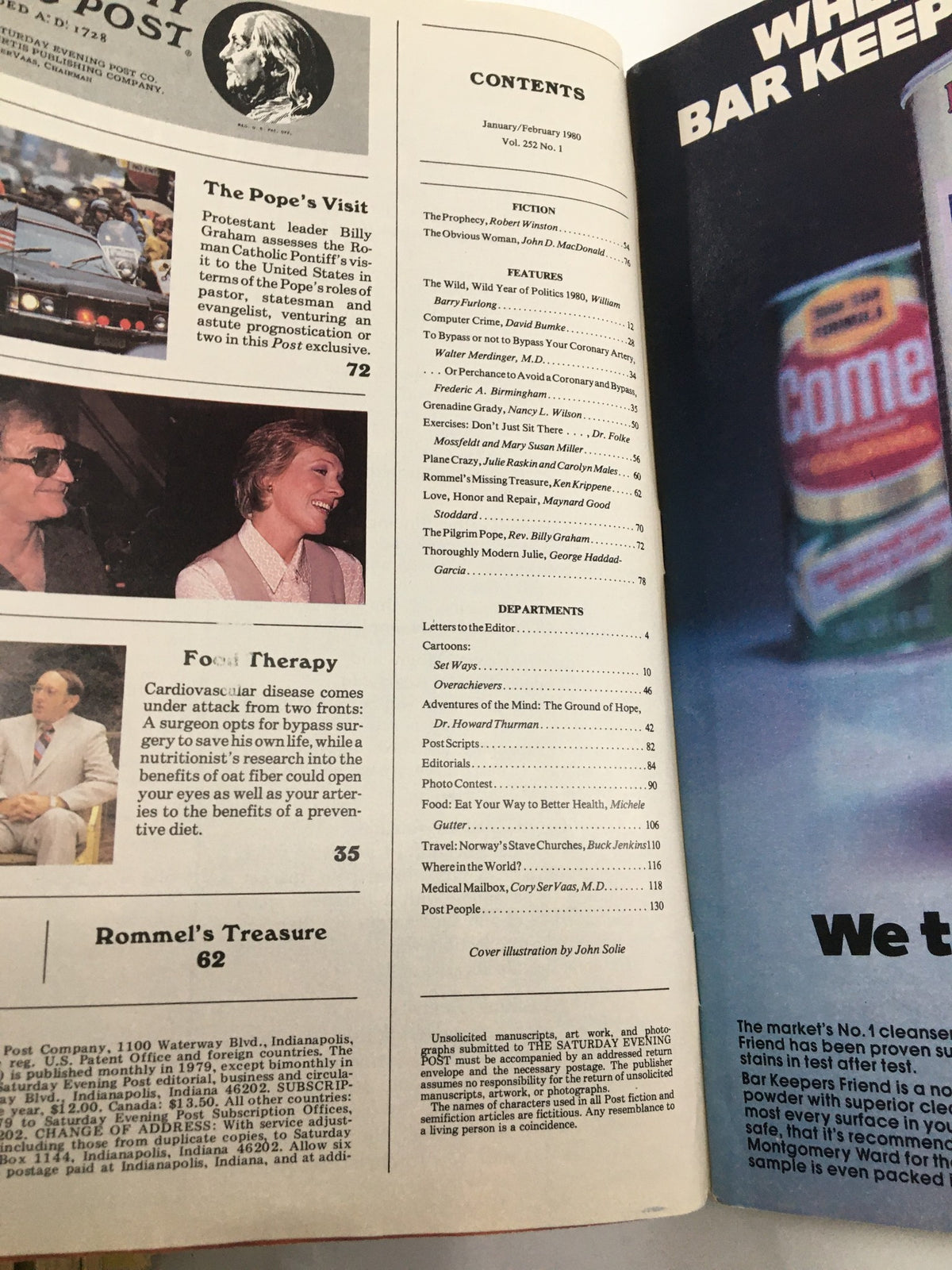Inside content page of The Saturday Evening Post, February 1980, showing articles including political discussions, food therapy, and a notable piece on Billy Graham and the Pope.
