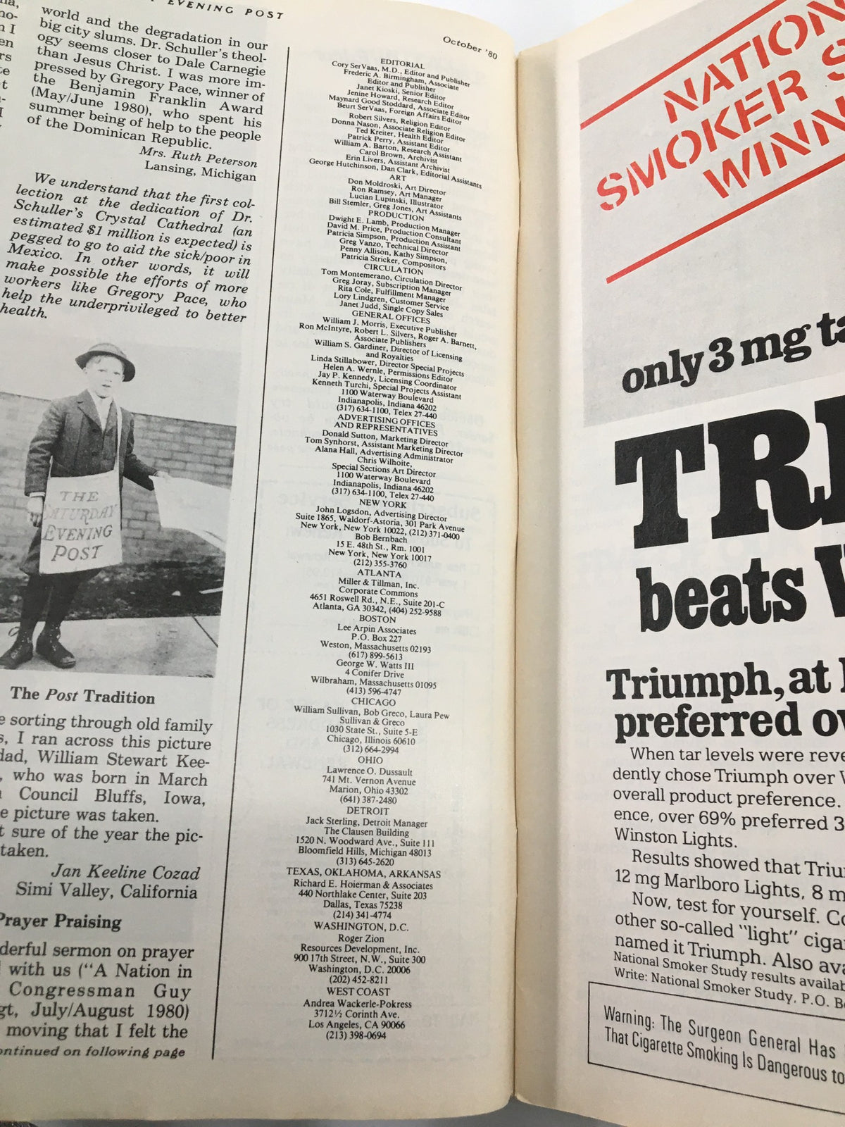 Inside page of The Saturday Evening Post October 1980, displaying editorial content and magazine details, capturing the essence of classic magazine design and typography.