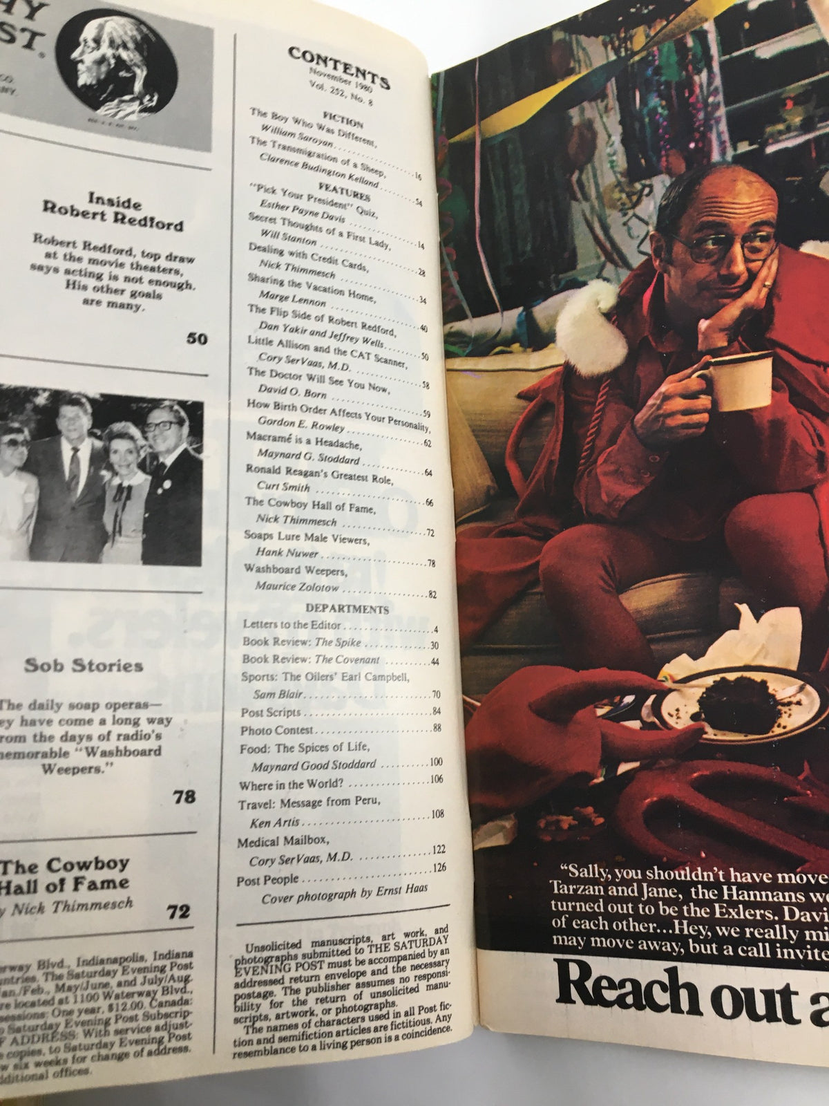 Inside page of The Saturday Evening Post from November 1980, displaying the contents page with an article on Robert Redford's career and various features from the era.