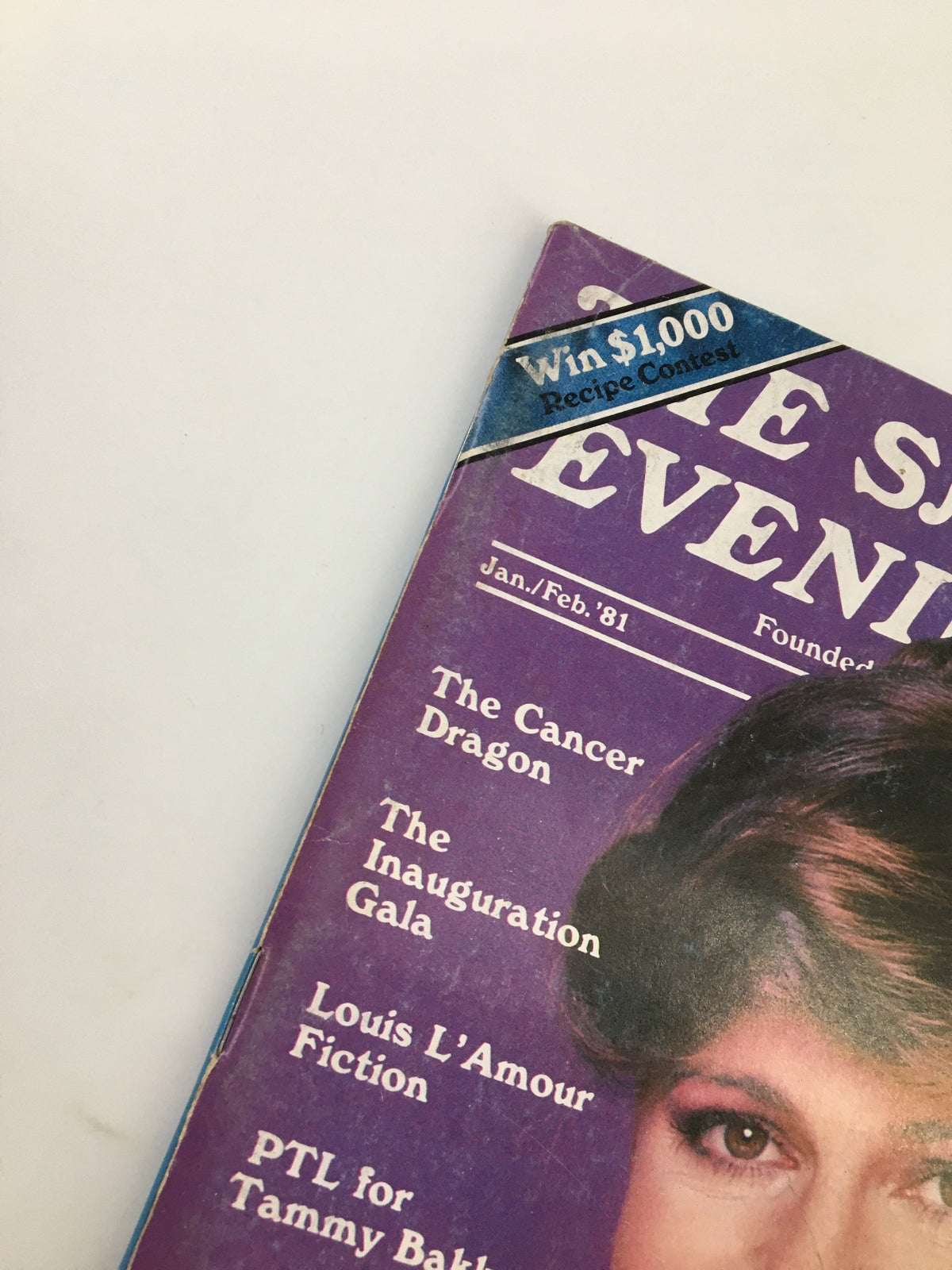 Top corner of The Saturday Evening Post January/February 1981 with details on a recipe contest and features like Louis L'Amour fiction.