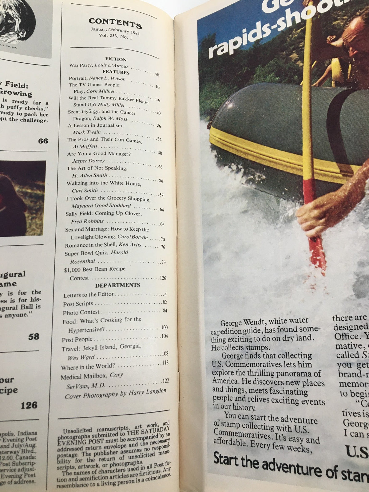 Contents page of The Saturday Evening Post January/February 1981, listing stories and articles including Louis L'Amour fiction and features on various topics.