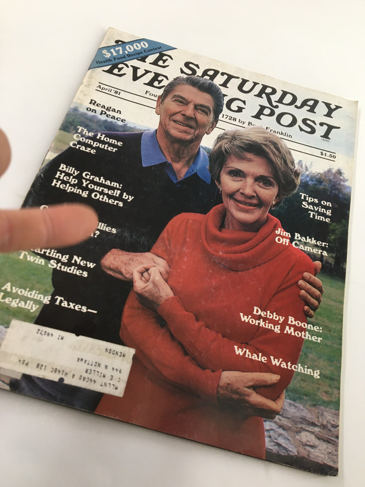 Close-up of The Saturday Evening Post April 1981 cover with Ronald and Nancy Reagan, highlighting discussions on peace and several featured articles.