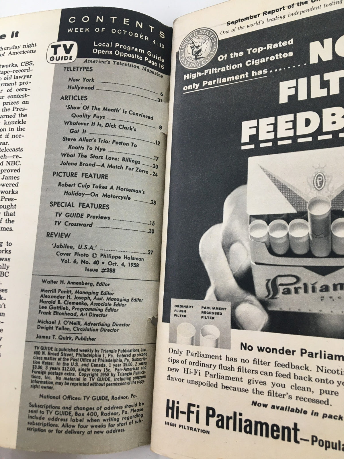Inside page of TV Guide Magazine October 4 1958 showcasing the table of contents, outlining articles and features from the iconic issue featuring Dick Clark.
