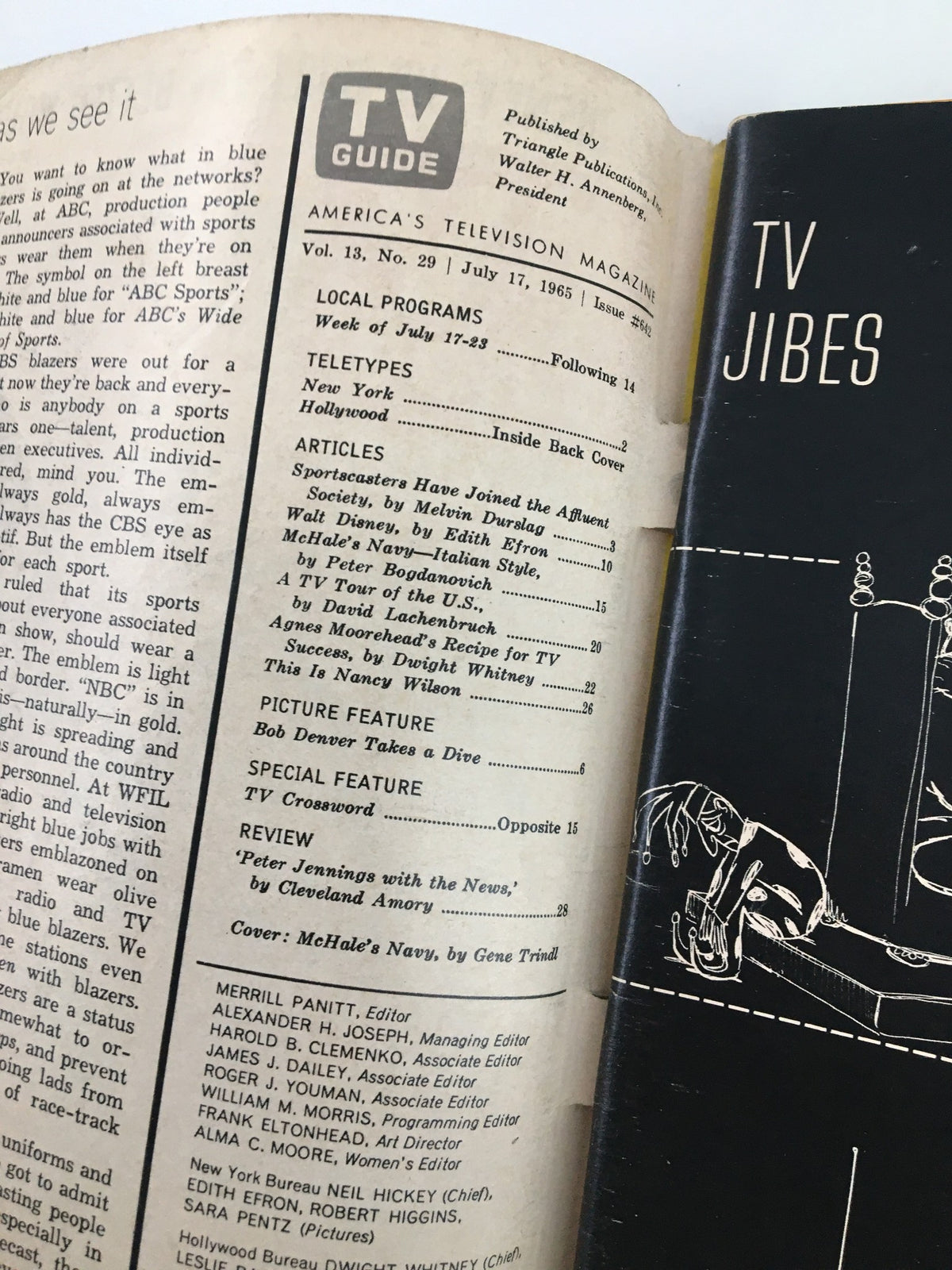 Inside page of the TV Guide Magazine July 17 1965, featuring articles and features, including local program listings and a preview of the show McHale's Navy.