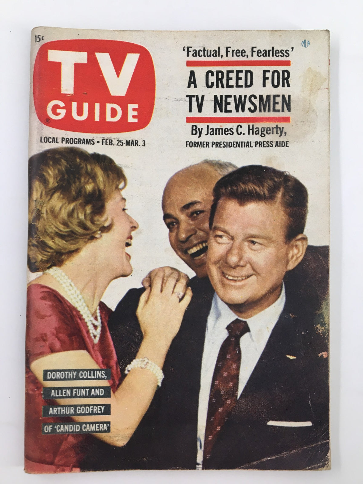 TV Guide Magazine February 25 1961 featuring Allen Funt on the cover, showcasing vintage television history and iconic personalities of the era. The magazine highlights a colorful cover with the title prominently displayed, along with notable figures in entertainment such as Dorothy Collins and Arthur Godfrey.