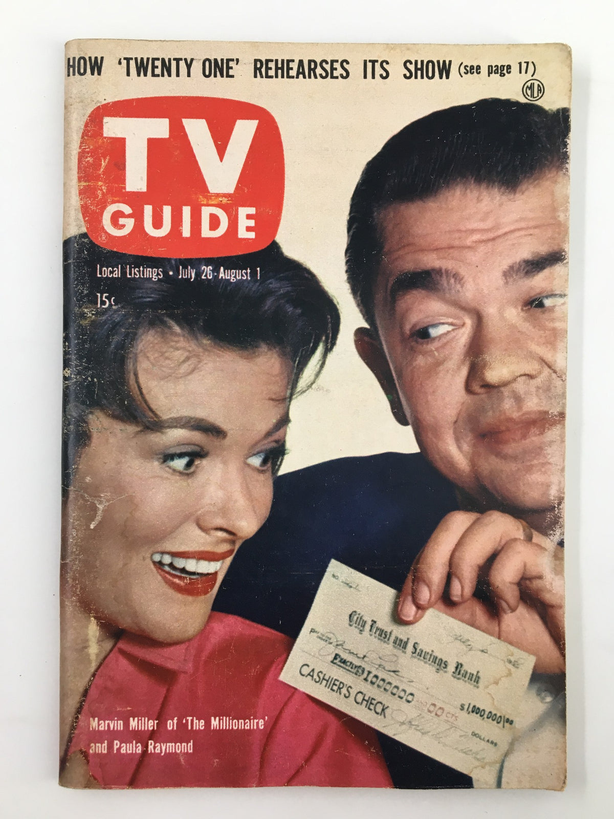 TV Guide Magazine July 26 1958 featuring Marvin Miller and Paula Raymond on the cover, showcasing local listings and a cashier's check, reflecting the television culture of the late 1950s.