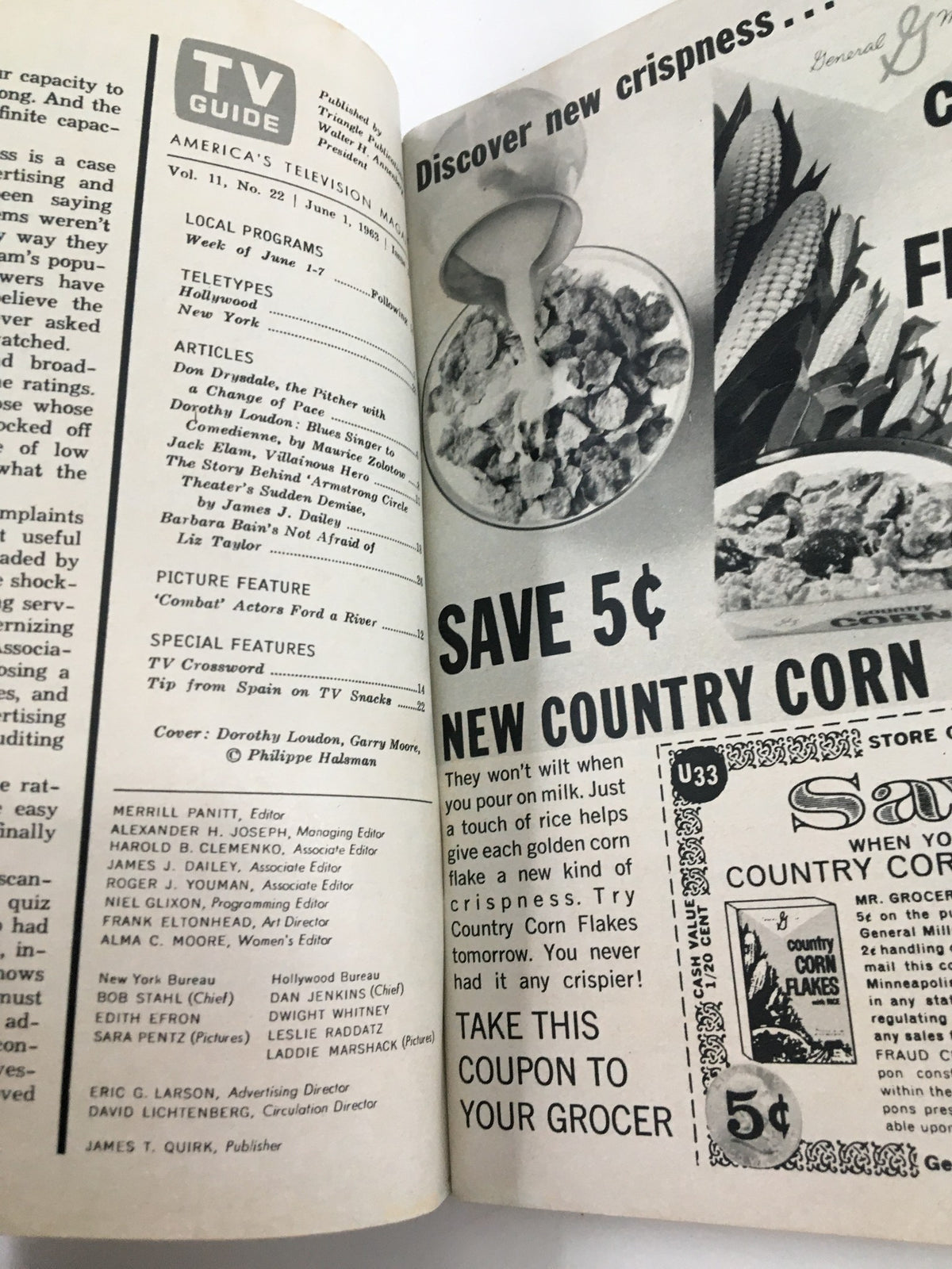 Interior view of TV Guide Magazine June 1 1963 featuring advertisement for Country Corn Flakes, reflecting 1960s television culture and nostalgia.