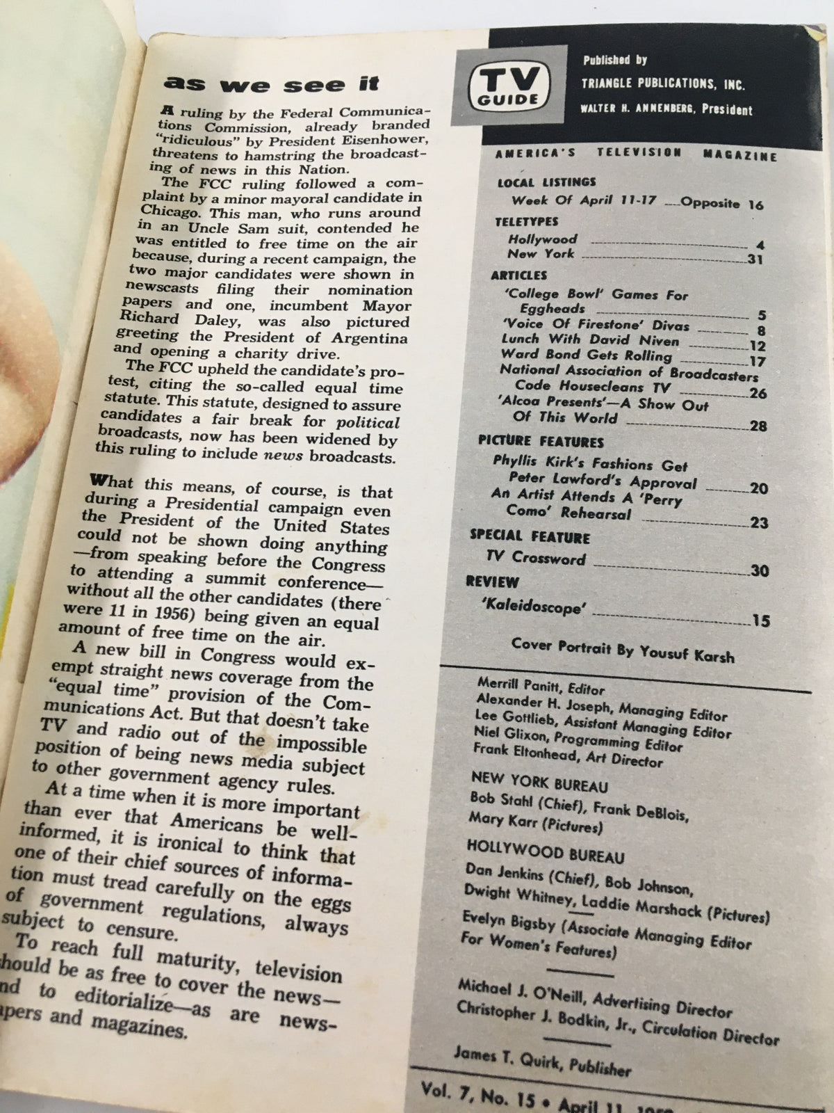 Interior page of TV Guide Magazine April 11 1959 displaying editorial content, articles, and listings that reflect the television landscape of the 1950s.