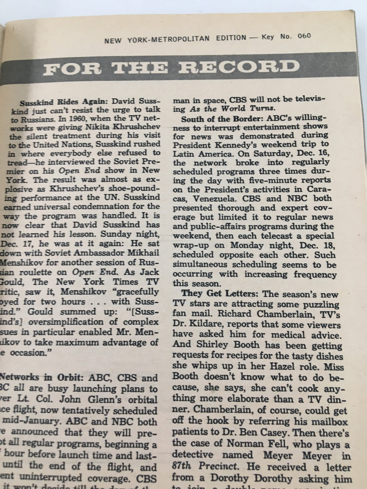 Inside page of TV Guide Magazine December 30 1961 featuring an article about David Susskind and television networks' coverage of news events during that era.