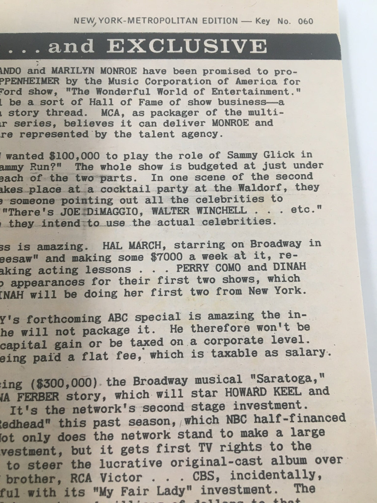 New York Metropolitan Edition excerpt from TV Guide Magazine August 8, 1959 discussing entertainment news and exclusives, reflecting the cultural context of the late 1950s television landscape.
