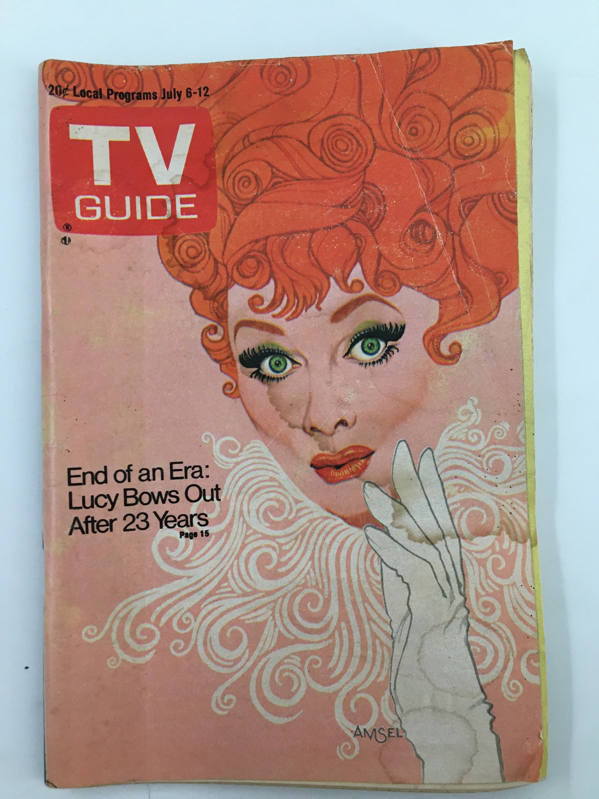 TV Guide Magazine cover from July 6, 1974 featuring Lucille Ball with vibrant red hair and bright green eyes, depicting her iconic style, and the headline 'End of an Era: Lucy Bows Out After 23 Years.'