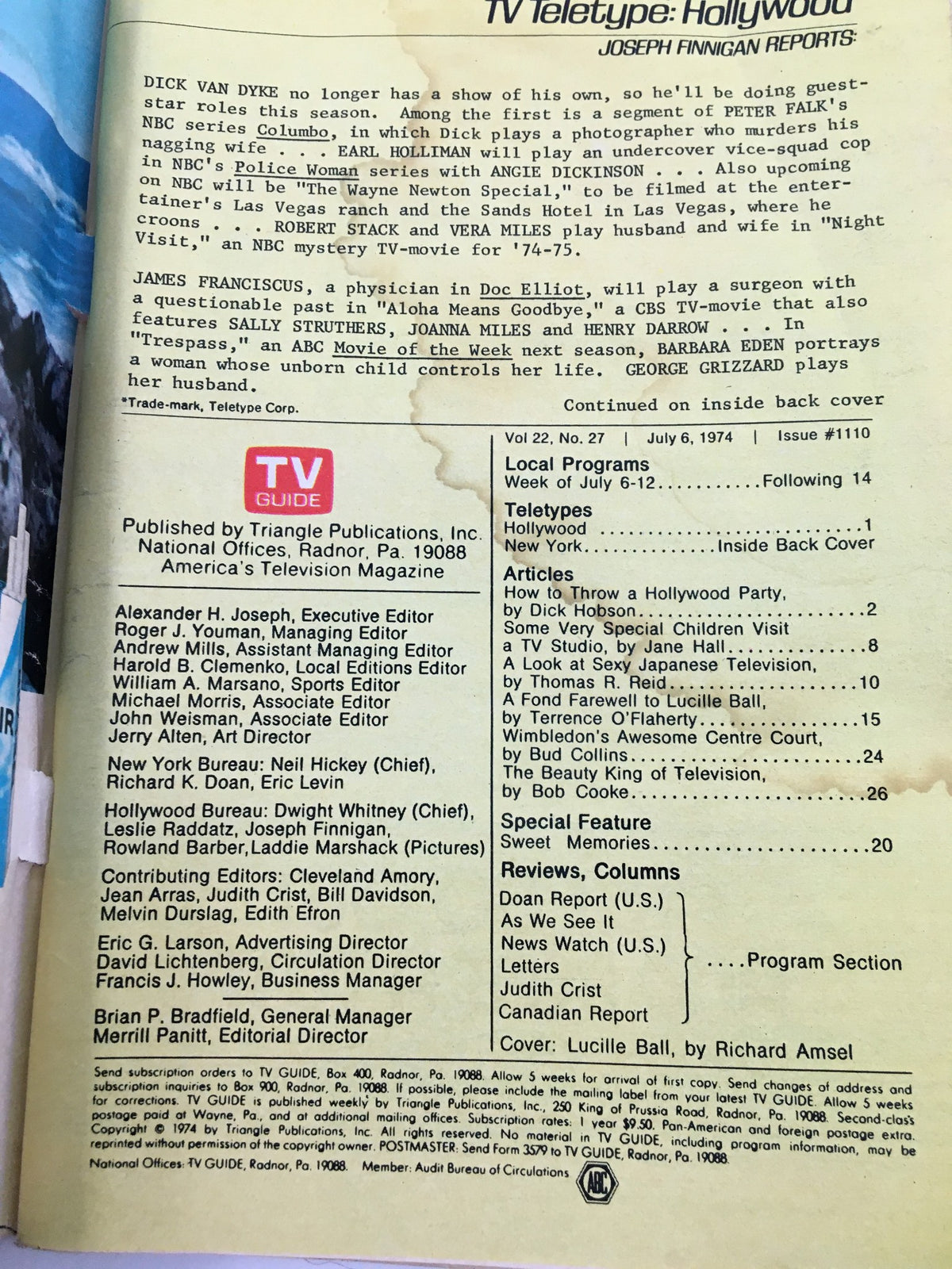 Back cover of TV Guide Magazine July 6, 1974, includes editorial details and programming highlights relevant to the period.