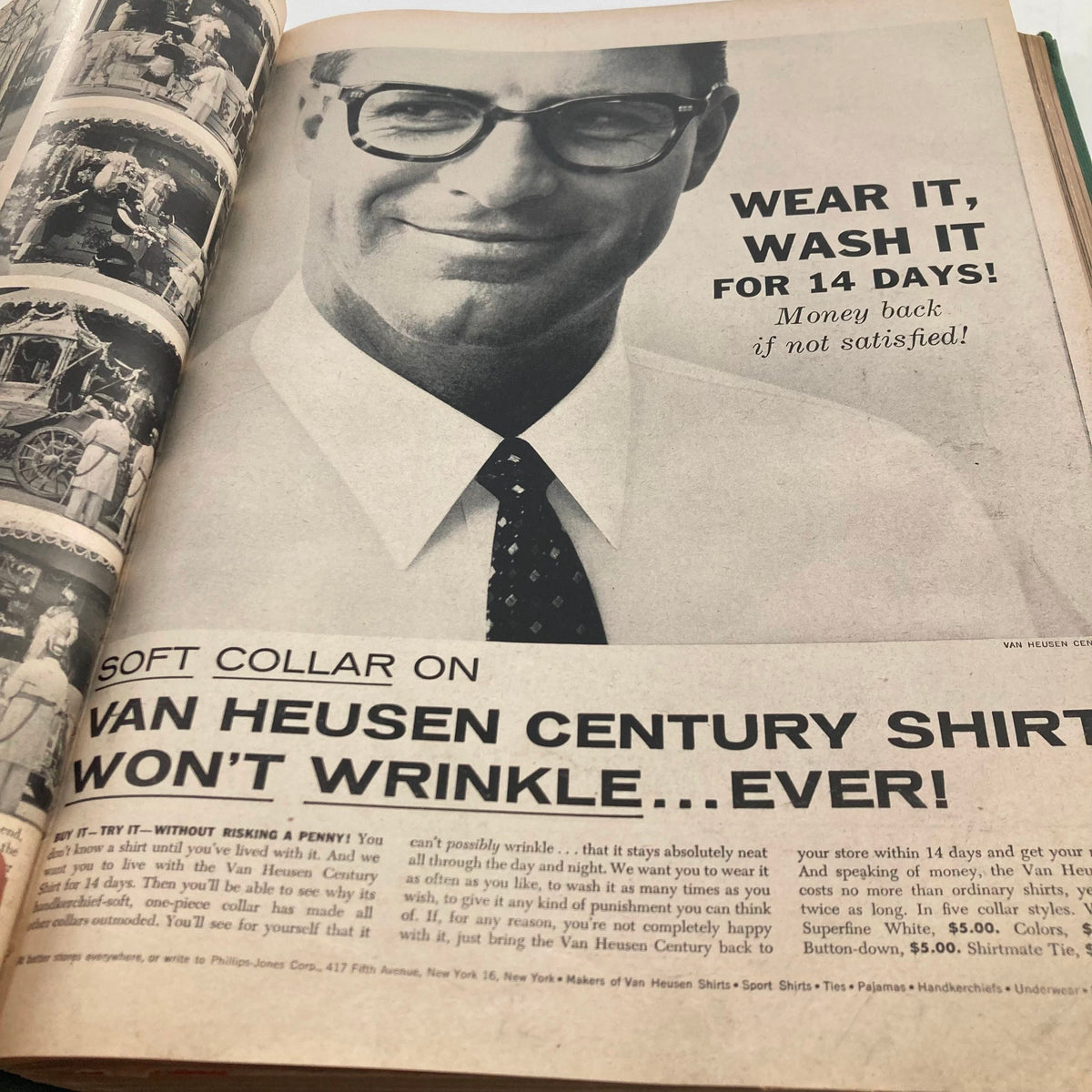 Inside page of the Vintage 1956 Bound LIFE Magazine showing an advertisement for Van Heusen Century Shirts, capturing the essence of 1950s fashion.